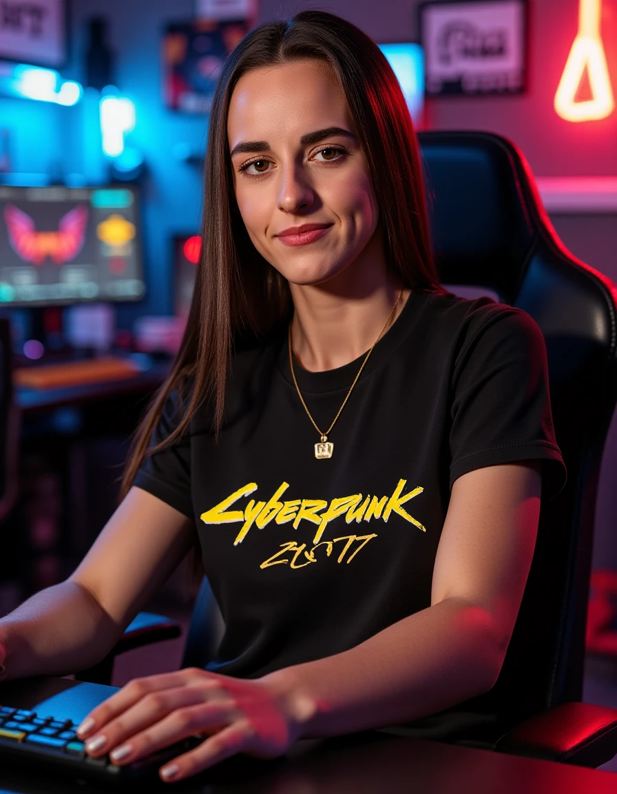 caitlin, clark,  amazingly detailed, masterpiece, ultra hd, full body, dynamic angle, beautiful woman, computer gamer, gaming computer, gaming chair, playing cyberpunk 2077, neon bedroom, streamer setup, cyberpunk theme, wild long hair, brown , high detail hair, smokey eye shadow, high detail skin, high detail eyes, seductive eyes, smokey makeup, slender body, toned body, perfect face, slim athletic body,  (cold attitude, eyeshadow, eyeliner:1. 6) (Vintage Retro Gaming 2077 Style T-Shirt) , vibrant colors, beautiful, dramatic lighting, shallow depth of field, Ultra-realistic, beautiful lighting