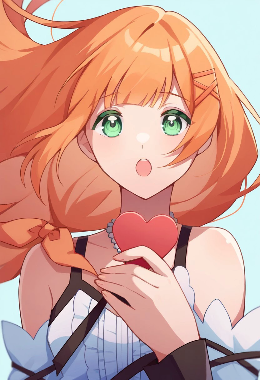 score_9, score_8, score_7, source_anime, strelitzia (kingdom hearts), upper body, holding heart, orange bow, pendant, open mouth, floating hair, frills, red ribbon, boots, thigh boots