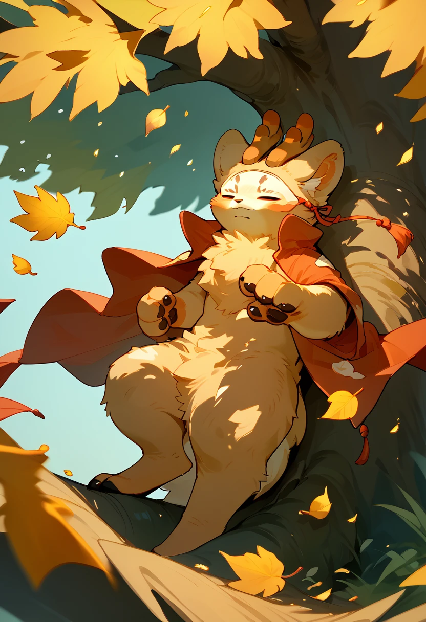 score_9, score_8_up, score_7_up, sibuxiang, closed eyes, furry, solo, 1boy, <lora:Sibuxiang_Fabulous_Beasts:1>, wind, golden leaves, under tree