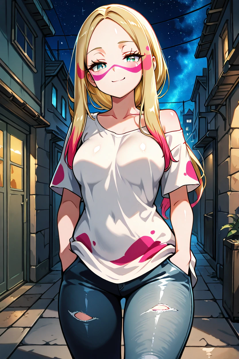 masterpiece, best quality, 32k, high resolution, absurdres, medium breasts, (curvy), cute, eyelashes, vivid colors, BREAK  ,,, zzMina, long hair, eyelashes, half-closed eyes, facepaint, collarbone, white shirt, oversized shirt, off shoulder, short sleeves, torn clothes, torn pants, jeans, <lora:MinaPokemonIXL_v2:1.0> ,,,,,, stars, night, luminescent background, city, back alley, smug, hands in pockets, smile, looking at viewer, shiny skin, <lora:princess_xl_v2:0.3>,