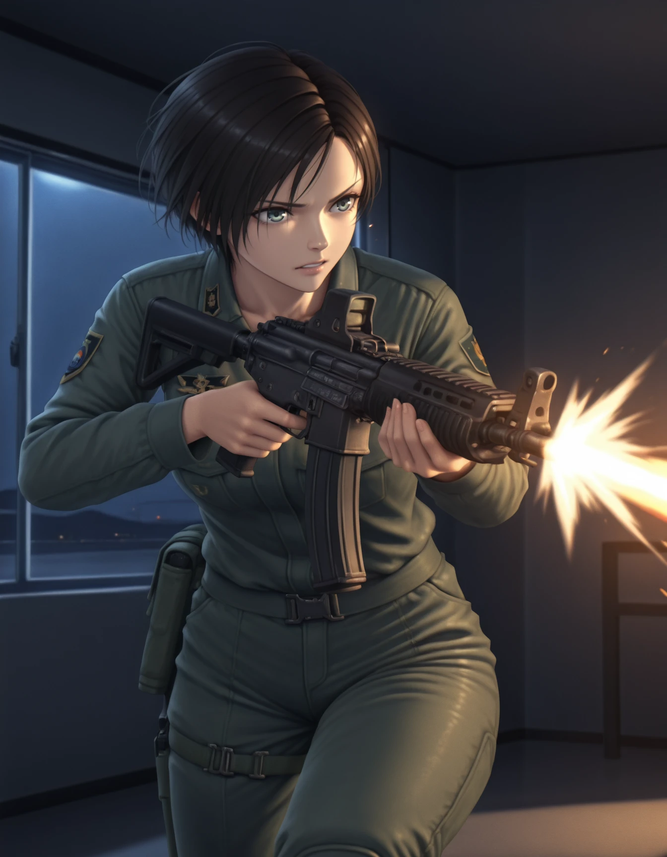 <lora:nagase-kei-ac5-v2-illustrious-000030:1> n4g4s3ke1, military uniform, pants
1girl, solo, assault rifle, attack, uzzle flash, indoors, night, dramatic lighting, cinematic lighting
masterpiece, best quality,, masterpiece, best quality