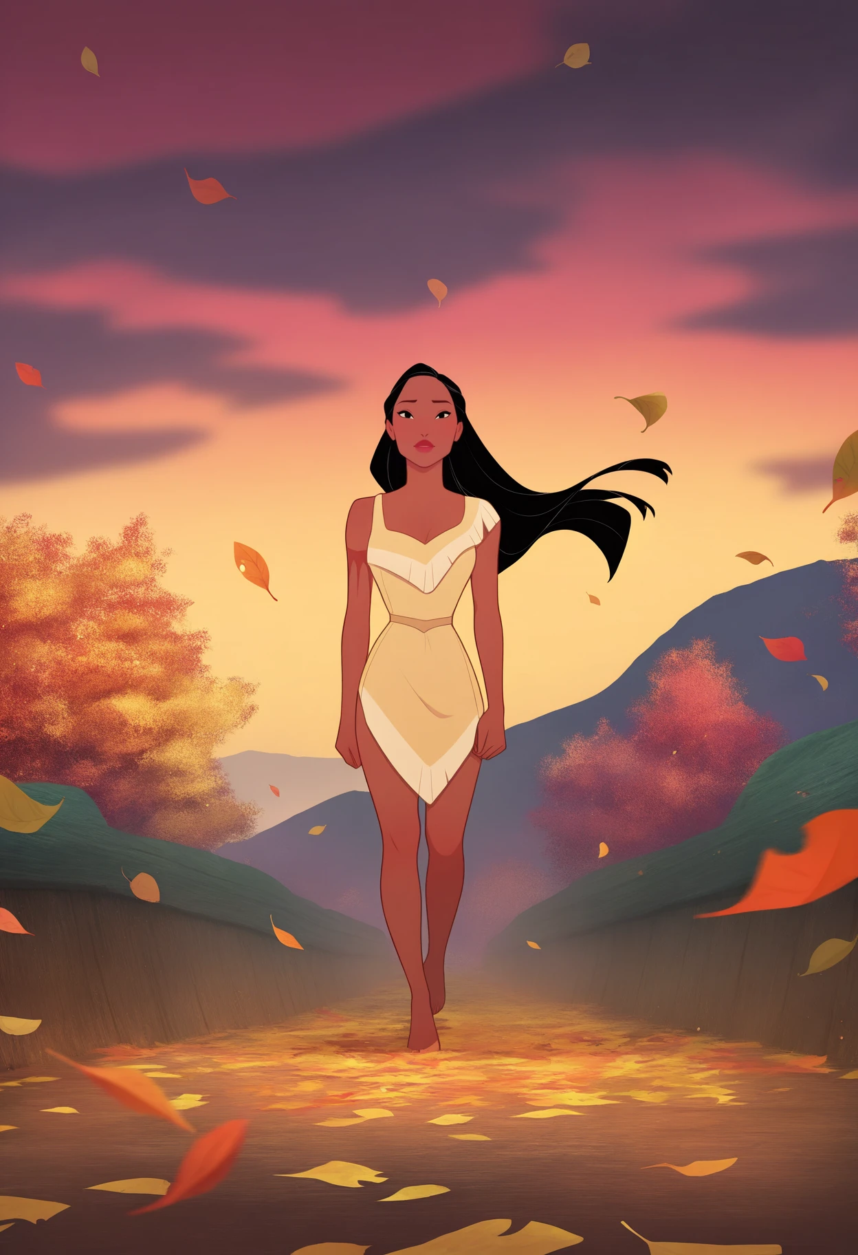 masterpiece, best quality, very aesthetic, absurdres,
1girl, pocahontas, dark skin, black hair, long hair, (floating hair:0.5), black eyes,
full body, wind color, leaf, fall, magical wind, solo, looking at viewer, autumn <lora:PocahontasNoobXL_byKonan:1>