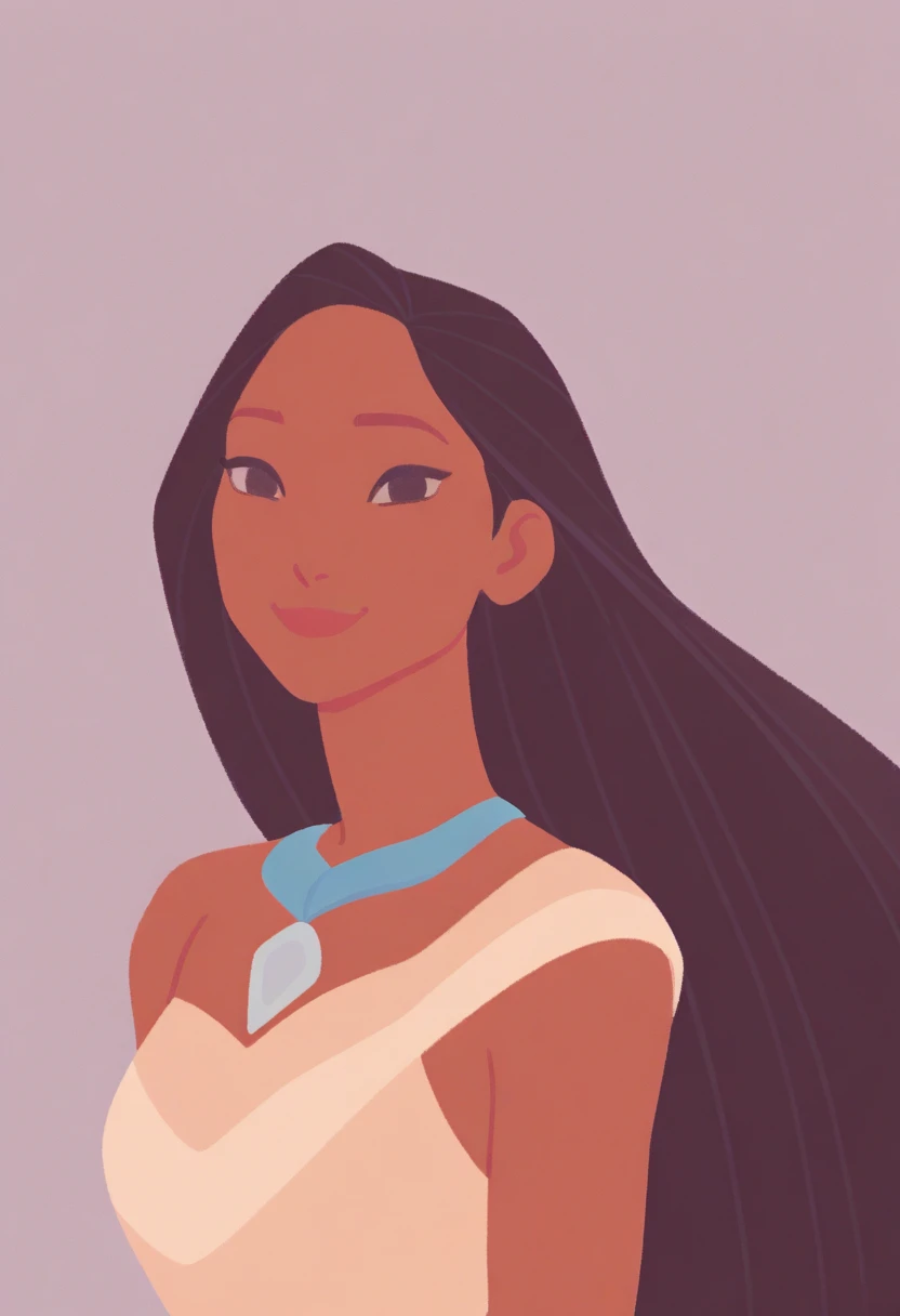 masterpiece, best quality, very aesthetic,
1girl, pocahontas, black hair, long hair, black eyes, dark skin, necklace, dress,
smile, upper body, looking at viewer, solo, simple background
<lora:MinimalistFlatColorXL_byKonan:0.8> <lora:PocahontasNoobXL_byKonan:1>