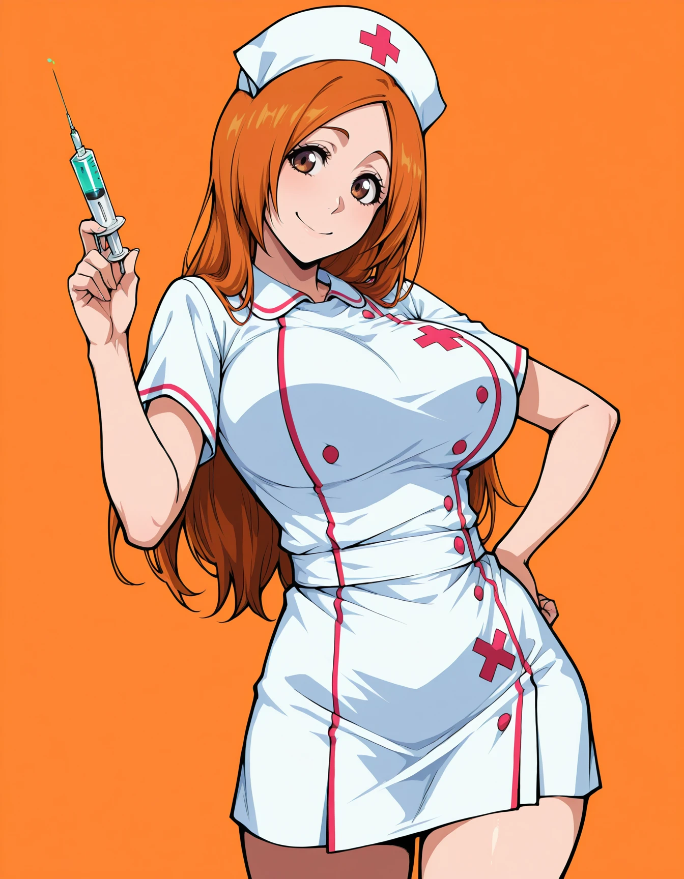 <lora:Orihime Illustrious:1>0rihime, long hair, orange hair, large breasts, parted bangs, simple background, brown eyes,
nurse dress, holding syringe, smile, one hand on hip, head tilt, masterpiece, best quality