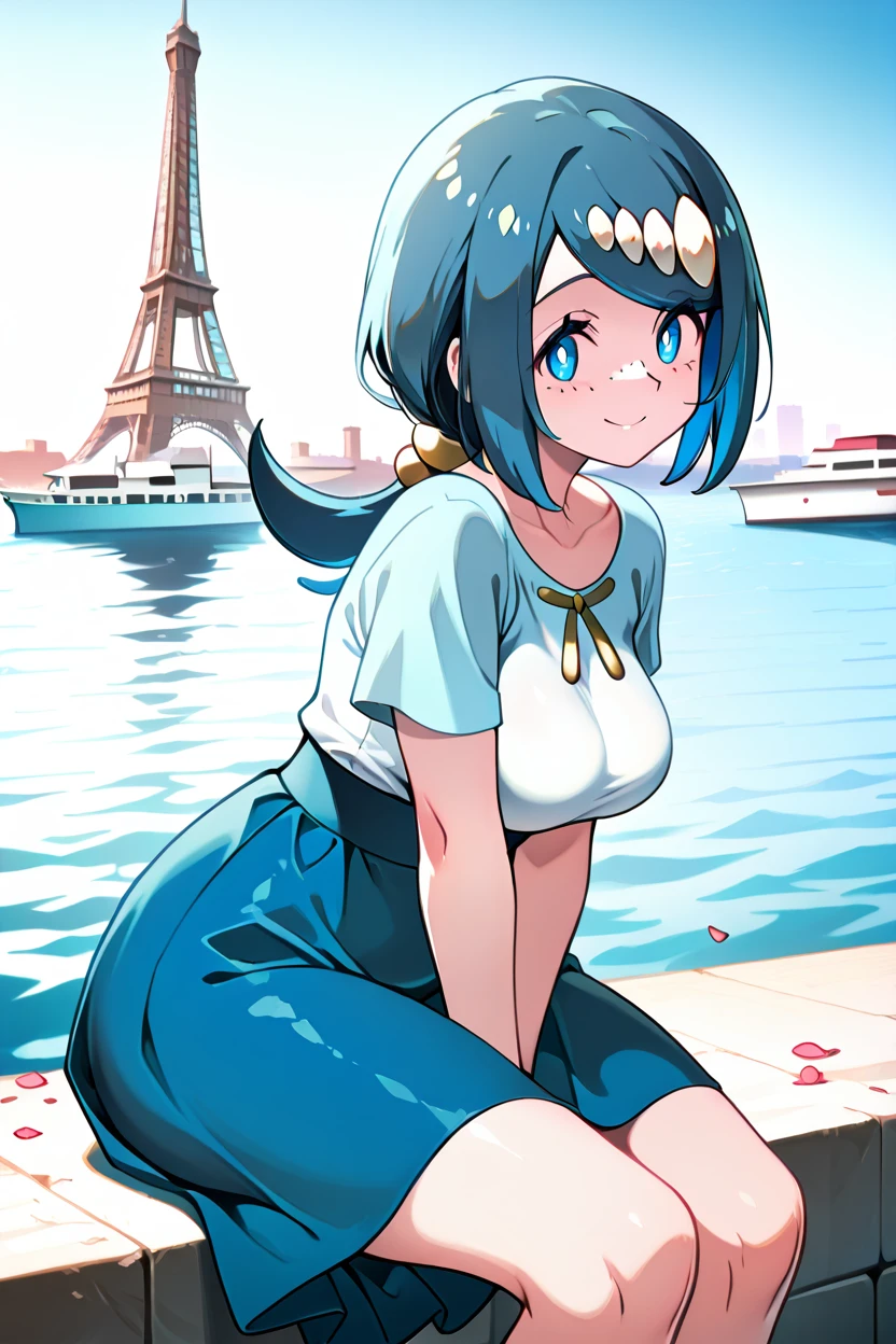 masterpiece, best quality, medium breasts, (curvy)  ,,,BREAK, zzLanasMother, lana's mother (pokemon)  blue hair, blue eyes, long hair, freckles, large breasts, hair ornament, white shirt, blue skirt, <lora:LanasMotherPokemonIXL_v2:1.0>,,,, zzEiffelTower in background, sitting, watercraft, boat, sitting on wall, side view, looking at viewer, smile,,, blooming stars, luminescent petals, otherworldly fragrance blurry background, <lora:EiffelTowerIXL_v2:1.0>, <lora:ZankuroIXLLight_v2:0.6>,