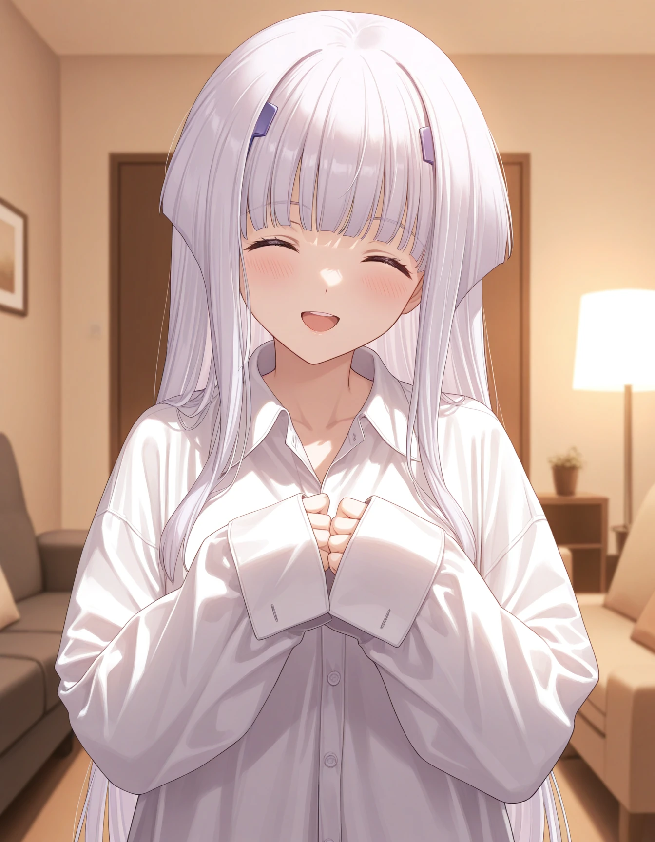 1girl, solo, inia sestina, white hair, long hair, hair ornament, smile, (eyes closed:0.6), open mouth, blush, oversized shirt, white shirt, collared shirt, sleeves past wrists, indoors, living room, depth of field, warm theme, masterpiece, best quality, very aesthetic <lora:inia_sestina_illustrious_v1:0.7>