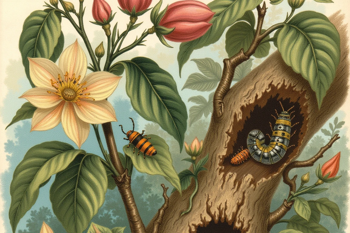 An illustration in John George Wood style, coloured crayons, a Detailed and Colorful Depiction of Flowering Plants, Insects on Leaves, a Caterpillar Moth Resting in Tree Bark