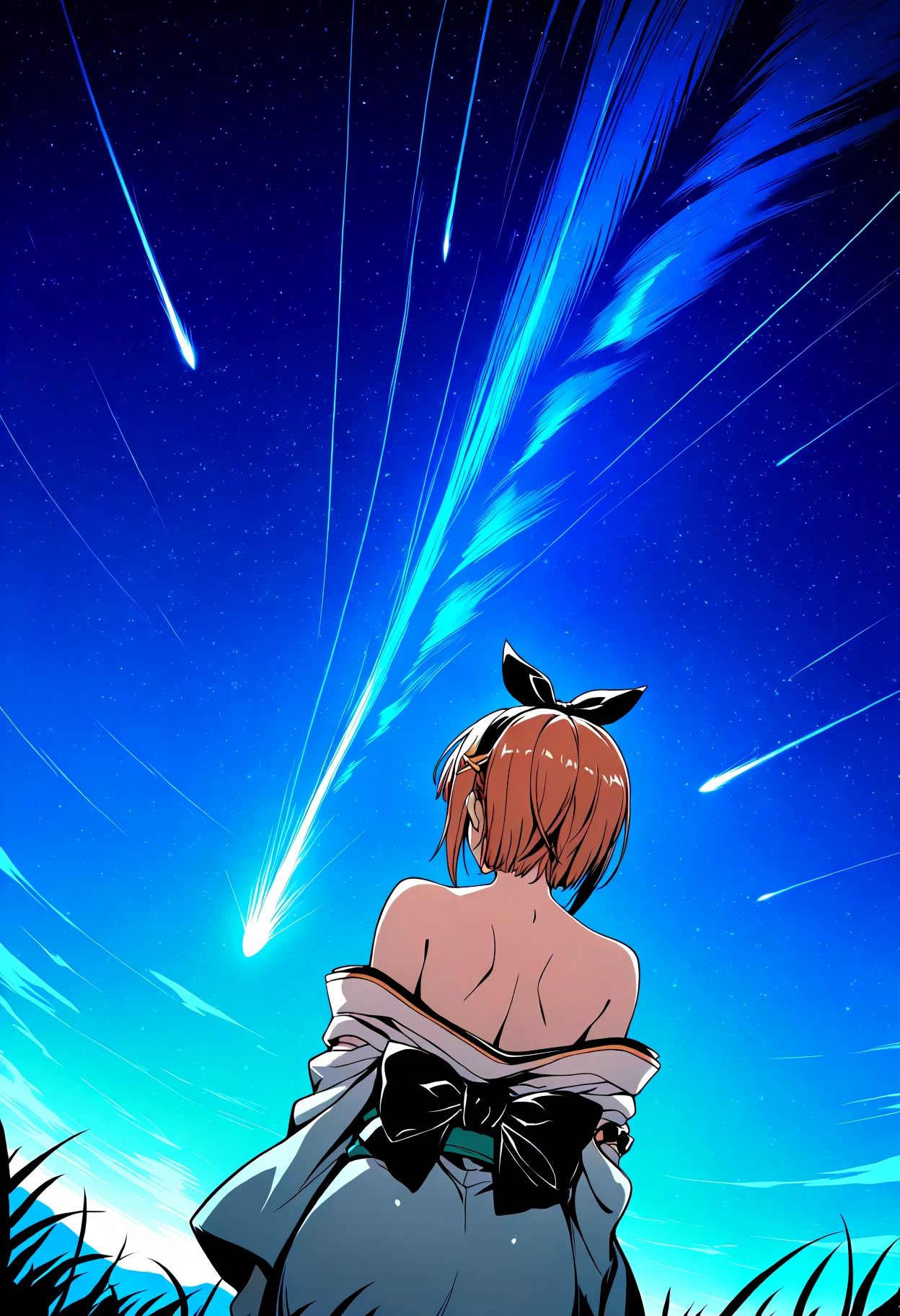 masterpiece, best quality, 1girl, solo, ReisalinStout, short hair, hairclip, black bow hairband, from behind, facing away, white kimono, off shoulder, back, from below, dynamic angle, dutch angle, comet, light trail, blue theme, dark theme, night, high contrast, shining comet, glowing comet, <lora:ChamReisalinStoutIllustriousXL:1>