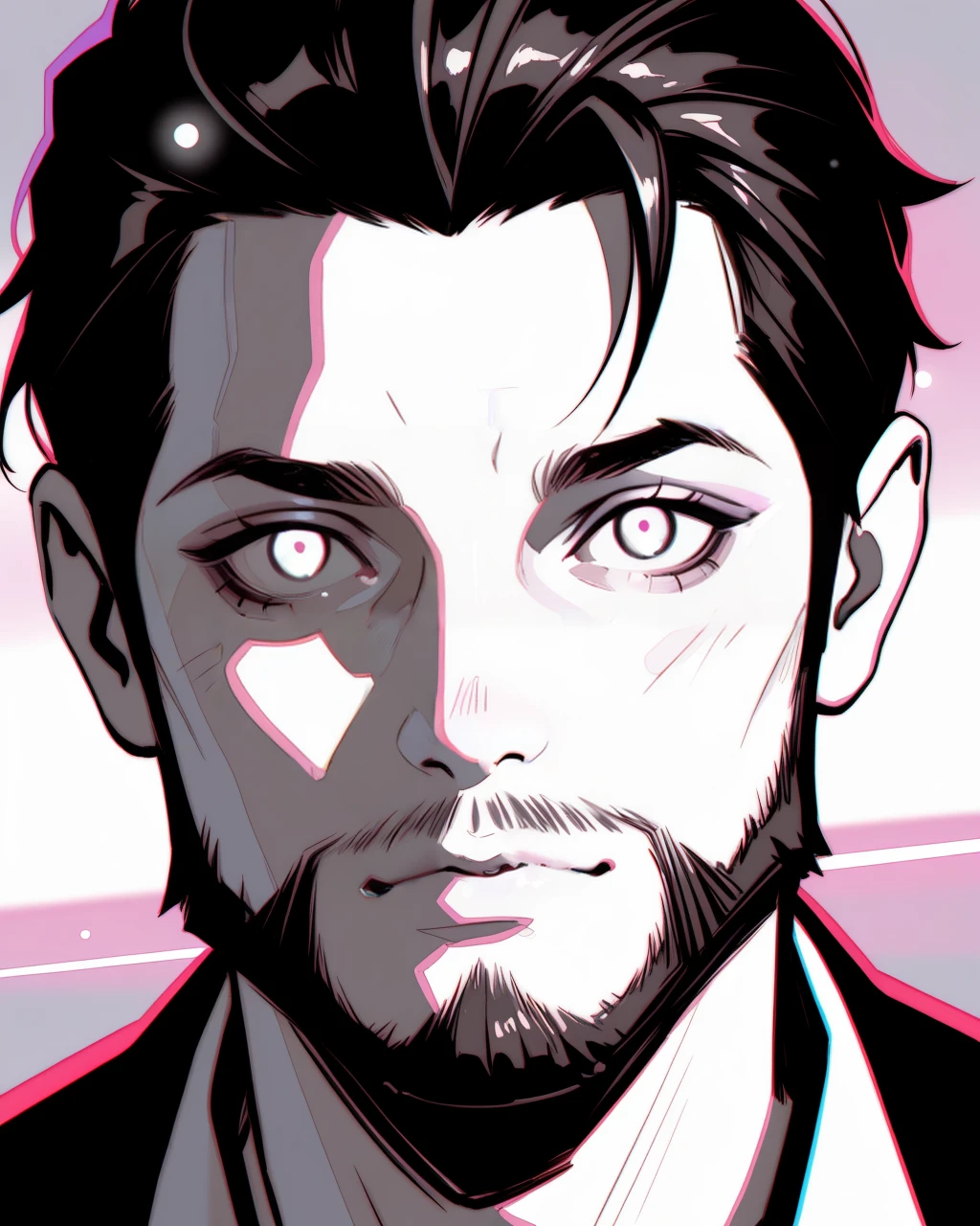 masterpiece, best quality, NeoNiILIK, vibrant, glossy style, bold, vivid colors, soft shading and highlights, expressive eyes, ilya kuvshinovâs style, 1boy, male focus, solo, monochrome, facial hair, looking at viewer, greyscale, portrait, beard, closed mouth, cyborg, hair slicked back, soft lighting, pastel tones, anime-inspired art style, smooth shading, vibrant highlights, painterly textures, subtle gradients, delicate details, cinematic bokeh, glowing ambiance, crisp edges, bright and airy atmosphere, stylized realism, expressive color palette, warm and inviting mood