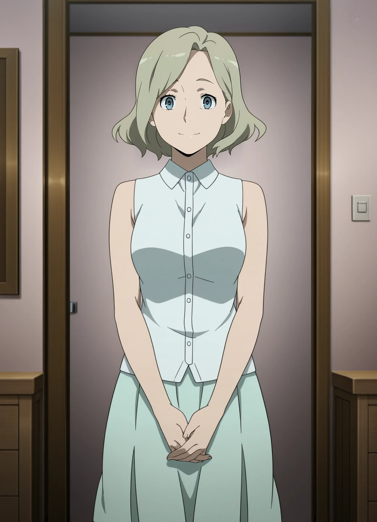 1girl,solo,Irene,mature female,short hair,blue eyes,blonde hair,anime coloring,
shirt,sleeveless, skirt,own hands together, standing, cowboy shot, looking at viewer, smile,indoors
,masterpiece,best quality,amazing quality,<lora:Irene_Honma-Anohana:0.8>