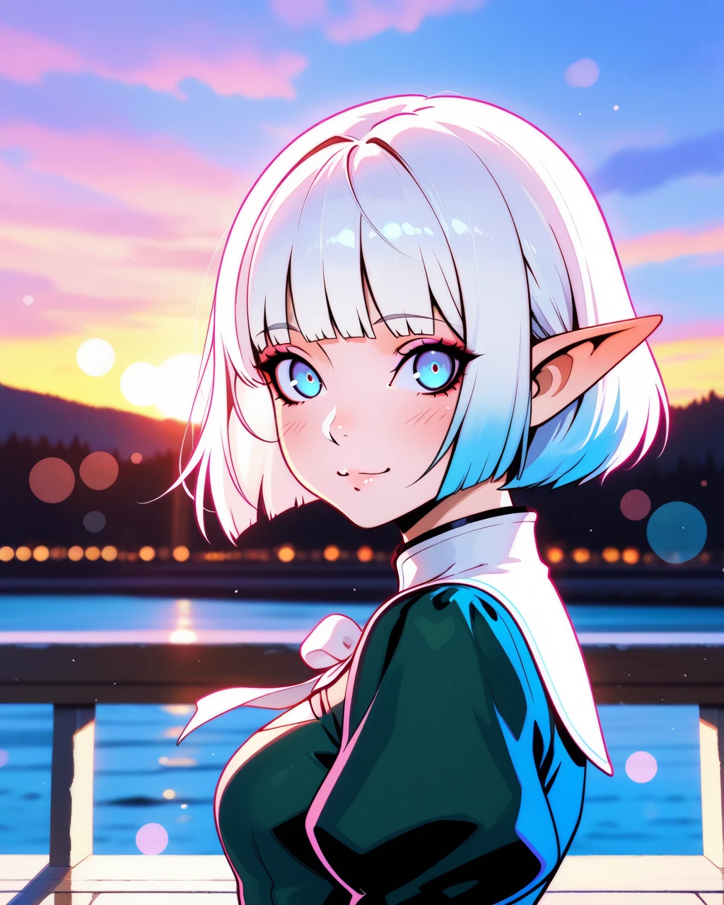 masterpiece, best quality, amazing quality, very aesthetic, NeoNiILIK, vibrant, glossy style, bold, vivid colors, soft shading and highlights, expressive eyes, ilya kuvshinovâs style, 1girl, pointy ears, solo, short hair, elf, elezen, looking at viewer, upper body, blue eyes, white hair, blurry background, blurry, puffy sleeves, bangs, bob cut, smile, blunt bangs, from side, soft lighting, pastel tones, anime-inspired art style, smooth shading, vibrant highlights, painterly textures, subtle gradients, delicate details, cinematic bokeh, glowing ambiance, crisp edges, bright and airy atmosphere, stylized realism, expressive color palette, warm and inviting mood