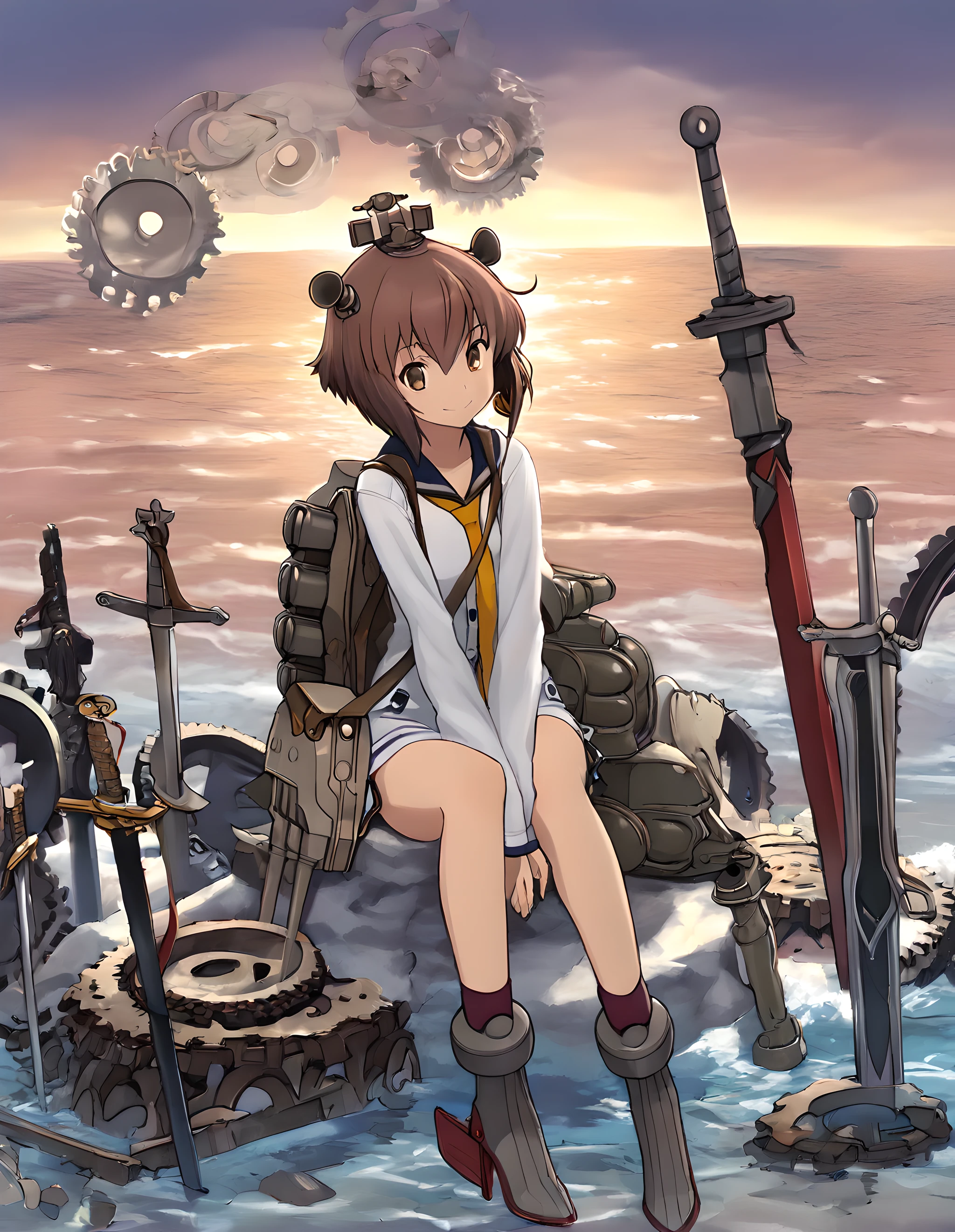 <lora:illustrious_XL_ubw:0.5>,ubw,gears,weapon,sword,planted sword,planted,masterpiece,best quality,good quality,1girl,solo,<lora:illustrious_XL_yukikaze:0.9>,yukikaze,smile,ocean,beach,