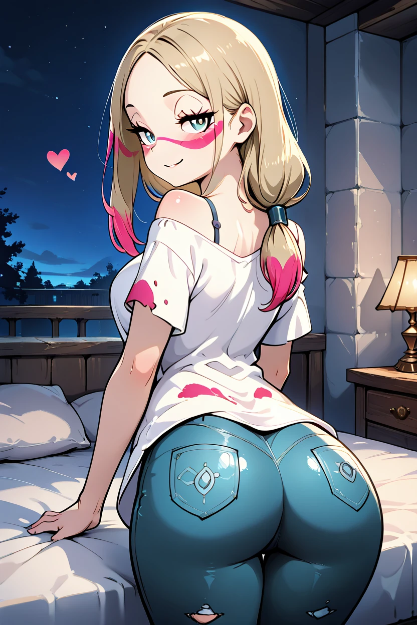 masterpiece, best quality, 32k, high resolution, absurdres, medium breasts, (curvy), cute, eyelashes, vivid colors, BREAK  ,,, zzMina, long hair, eyelashes, half-closed eyes, facepaint, collarbone, white shirt, oversized shirt, off shoulder, short sleeves, torn clothes, torn pants, jeans, <lora:MinaPokemonIXL_v2:1.0> ,,,BREAK,,,   night, bed room, from behind, ass, looking back, smirk, heart, smile, looking at viewer, shiny skin,  <lora:SmoothAnimeIXL:0.8>, <lora:princess_xl_v2:0.3>,