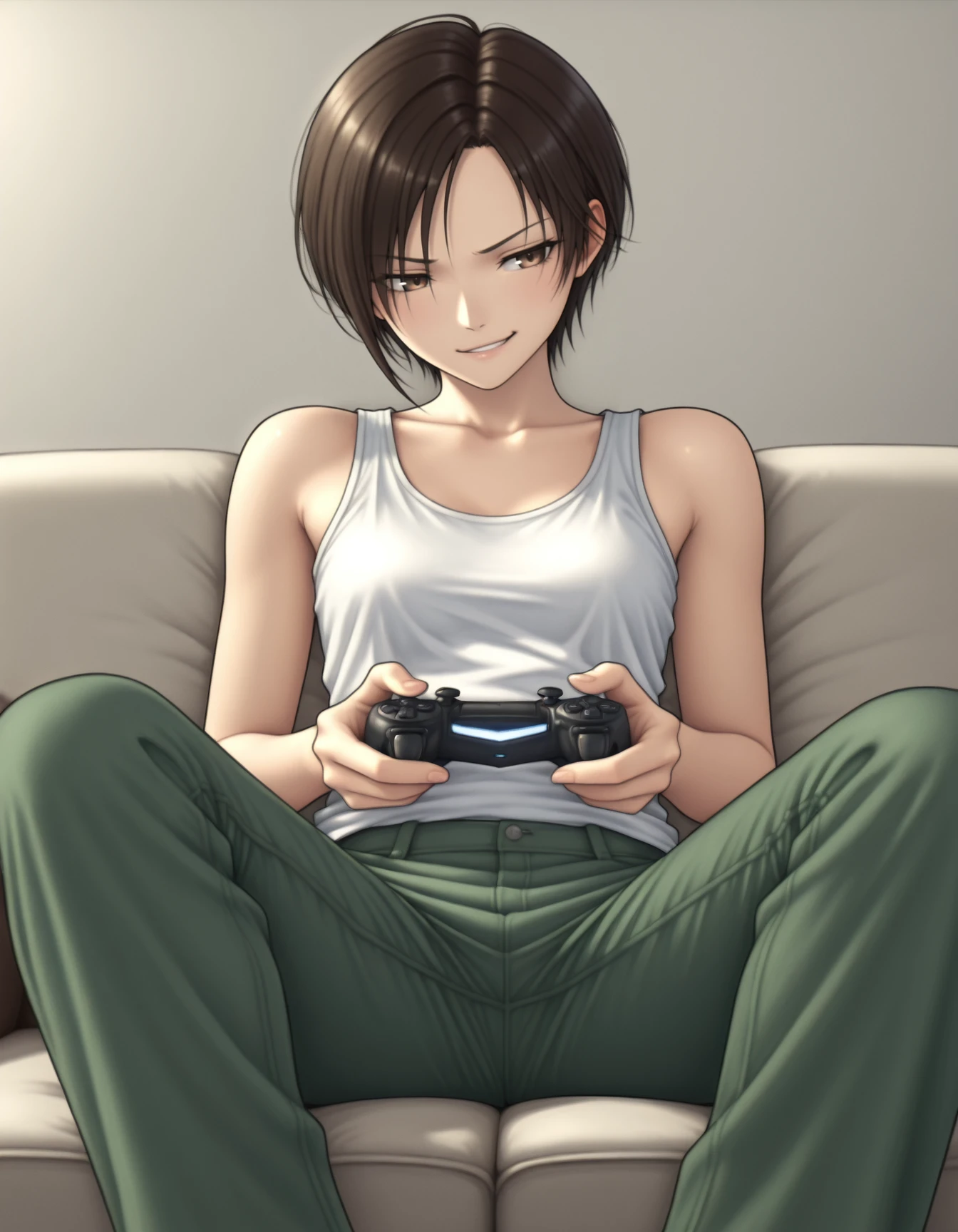 <lora:nagase-kei-ac5-v2-illustrious-000030:1> n4g4s3ke1, brown eyes, tank top, white tank top, green pants, 1girl, solo, playing games, smirk, playstation controller, couch
masterpiece, best quality, masterpiece, best quality