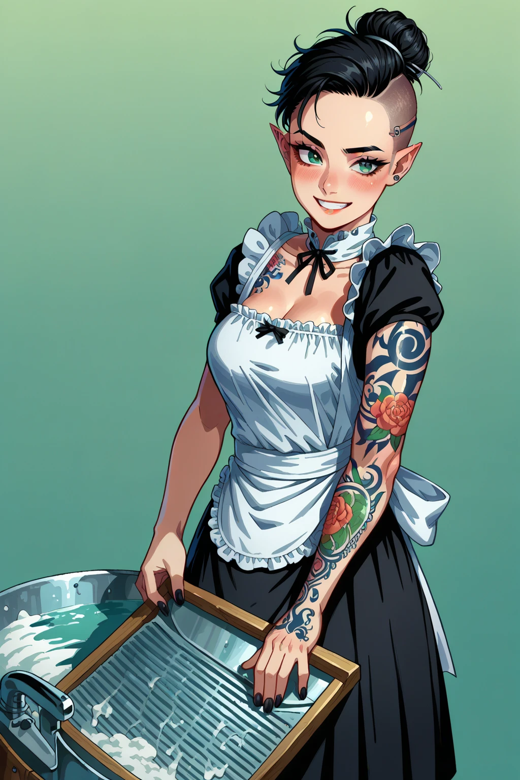 Maid Dress, Black Skirt, White Apron, Mini Skirt, blush,, score_9, score_8_up, score_7_up, source_anime,, solo, soft smile, light smile.
katya1, 1girl, Dark hair, long hair, undercut, shaved undercut, Nail Polish, Tattoo on left arm. Floral Tattoo. Tattoo Sleeve. Elf Ears, Sexy Elf Woman, medium breasts, Vintage Washboard, Glass Washboard, Frottoir, Washing Laundry, Scrubbing Laundry, Scrubbing. Suds. Scrubbing on Washboard.