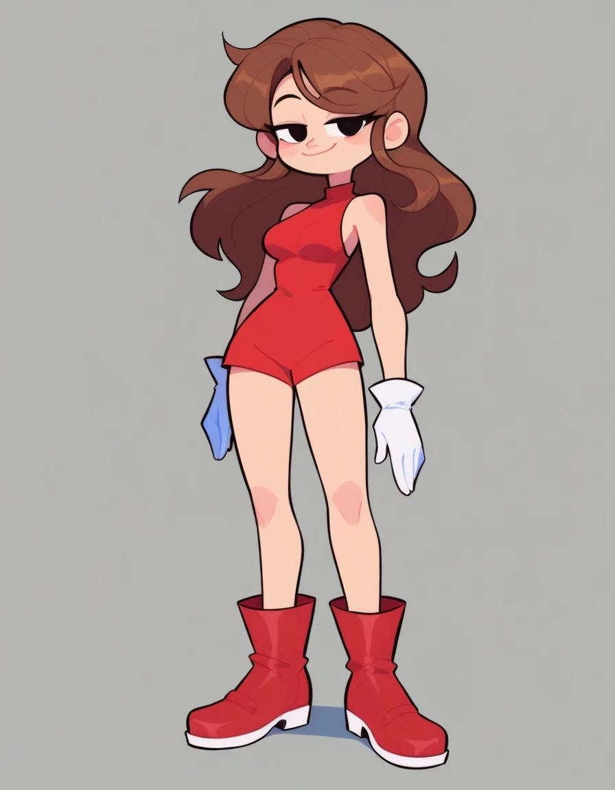 Needlemouse_GirlfriendFNF, 1girl, solo, long hair, brown hair, gloves, bare shoulders, medium breasts, standing, full body, boots, sleeveless, white gloves, black eyes, red dress, red footwear, flat color, red sleeveless outfit, large red shoes, and white gloves. brown hair styled in a long wavy cut, smug