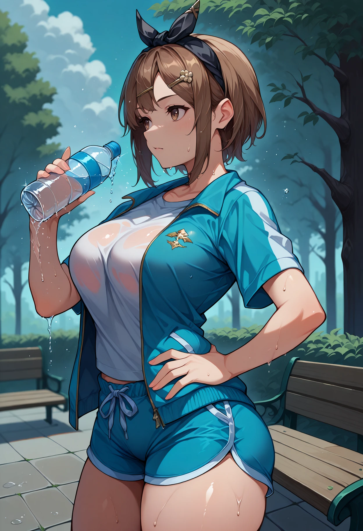 masterpiece, best quality, 1girl, solo, ReisalinStout, short hair, hairclip, black bow hairband, track jacket, blue jacket, open jacket, white shirt, short sleeves, t-shirt, blue shorts, dolphin shorts, skindentation, looking at viewer, standing, sweat, hand on hip, holding water bottle, outdoors, park, tree, bench, <lora:ChamReisalinStoutIllustriousXL:1>