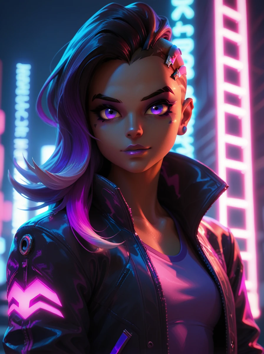 score_9, score_8_up, score_7_up, sombra, neon lights, backlighting, jacket, glowing, looking at viewer,