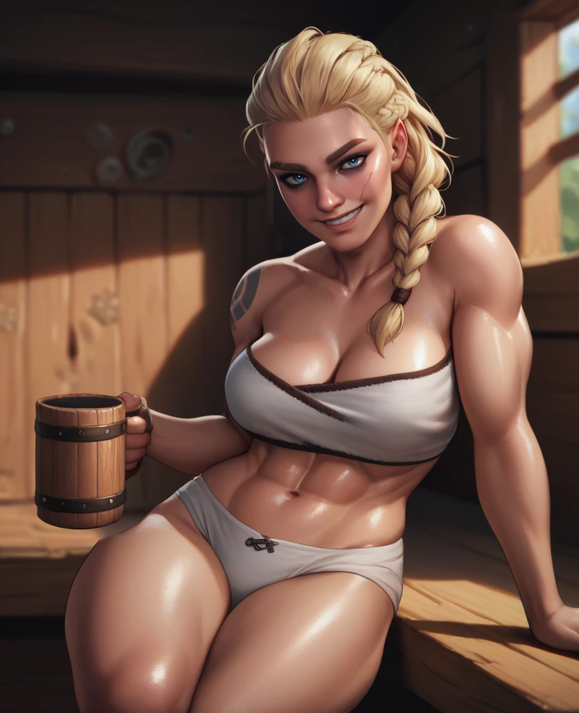 score_9,score_8_up,score_7_up,score_6_up,score_5_up,score_4_up,
eivorxl,scar on face,blonde hair,blue eyes,single braid,
white tube top,navel,smile,sleeveless,cleavage,toned,tattoo,white underwear,
evening,shiny skin,mug,drunk,
indoors,wooden hut,
<lora:Eivorxl:0.9>,