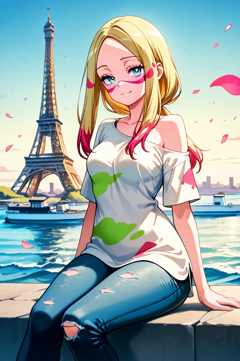 masterpiece, best quality, 32k, high resolution, absurdres, medium breasts, (curvy), cute, eyelashes, vivid colors, BREAK  ,,, zzMina, long hair, eyelashes, half-closed eyes, facepaint, collarbone, white shirt, oversized shirt, off shoulder, short sleeves, torn clothes, torn pants, jeans, <lora:MinaPokemonIXL_v2:1.0>,   zzEiffelTower in background, sitting, watercraft, boat, sitting on wall, side view, looking at viewer, smile, BREAK, blooming stars, luminescent petals, otherworldly fragrance blurry background, smile, looking at viewer,  <lora:EiffelTowerIXL_v2:1.0>,