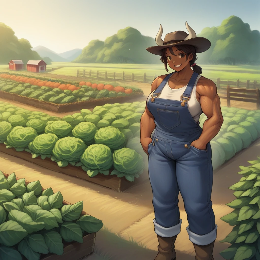 zPDXL2,score_9, score_8_up, score_7_up, score_6_up, score_5_up, score_4_up, source_anime, scenery,1girl, dark skin, muscles, large woman, plump, overalls, Minotaur girl, smile,  <lora:Farm_Crop_Field:0.7> f4rm, outdoors, farm field, vegetable garden