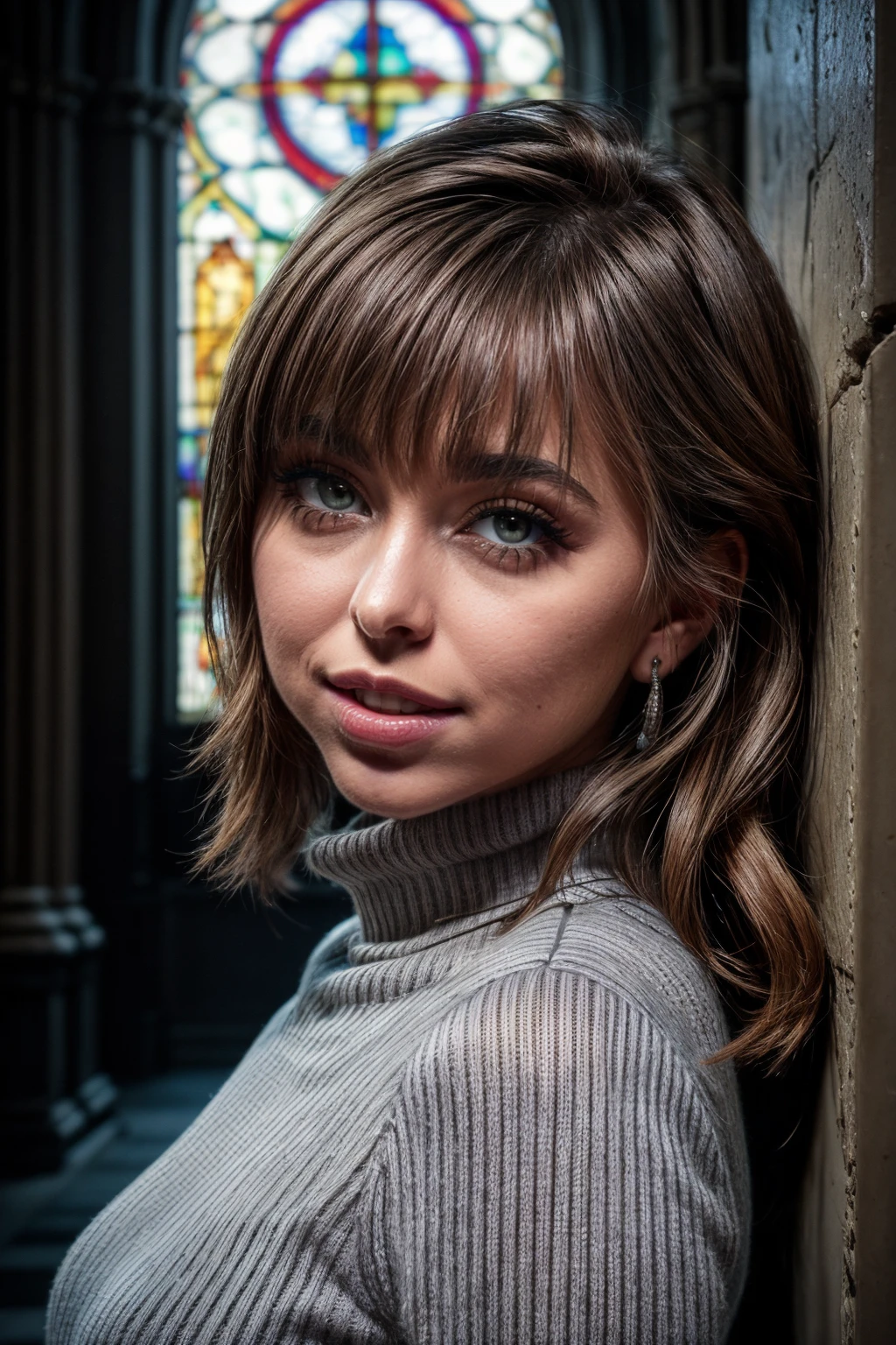 masterpiece, high resolution, cinematic, absurdres, photorealistic, realistic, photorealistic, octane render, 8k, volumetric. shot on GoPro, by Alessio Albi, photograph of a woman leaning against a wall, violet turtleneck sweater dress, <lora:lora_perfecteyes_v1_from_v1_160:0.8>, photo of perfecteyes eyes, perfecteyes eyes, grey eyes, light brown hair. <lora:riley_reid_LoRA_0.2-000002:1>, rlyrd, riley reid. seductive smile, erotic look, Gothic Cathedral, stained glass windows, sculpted gargoyles. <lora:add_detail:1>, [small breasts]