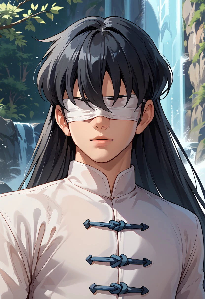 score_9, score_8_up, score_8, score_9, masterpiece, portrait, upper body focus, close shot, ultra high quality, hd render, male focus, Shiryu, young twink, very long hair, black hair, long bangs, hair over eyes, blindfold, eye bandages, light skin, chinese boy, chinese clothes, white shirt, shirt with ties,
handsome boy, narrow features, standing, dynamic pose, dynamic shot, looking at viewer, waterfall background, hd render, high quality,