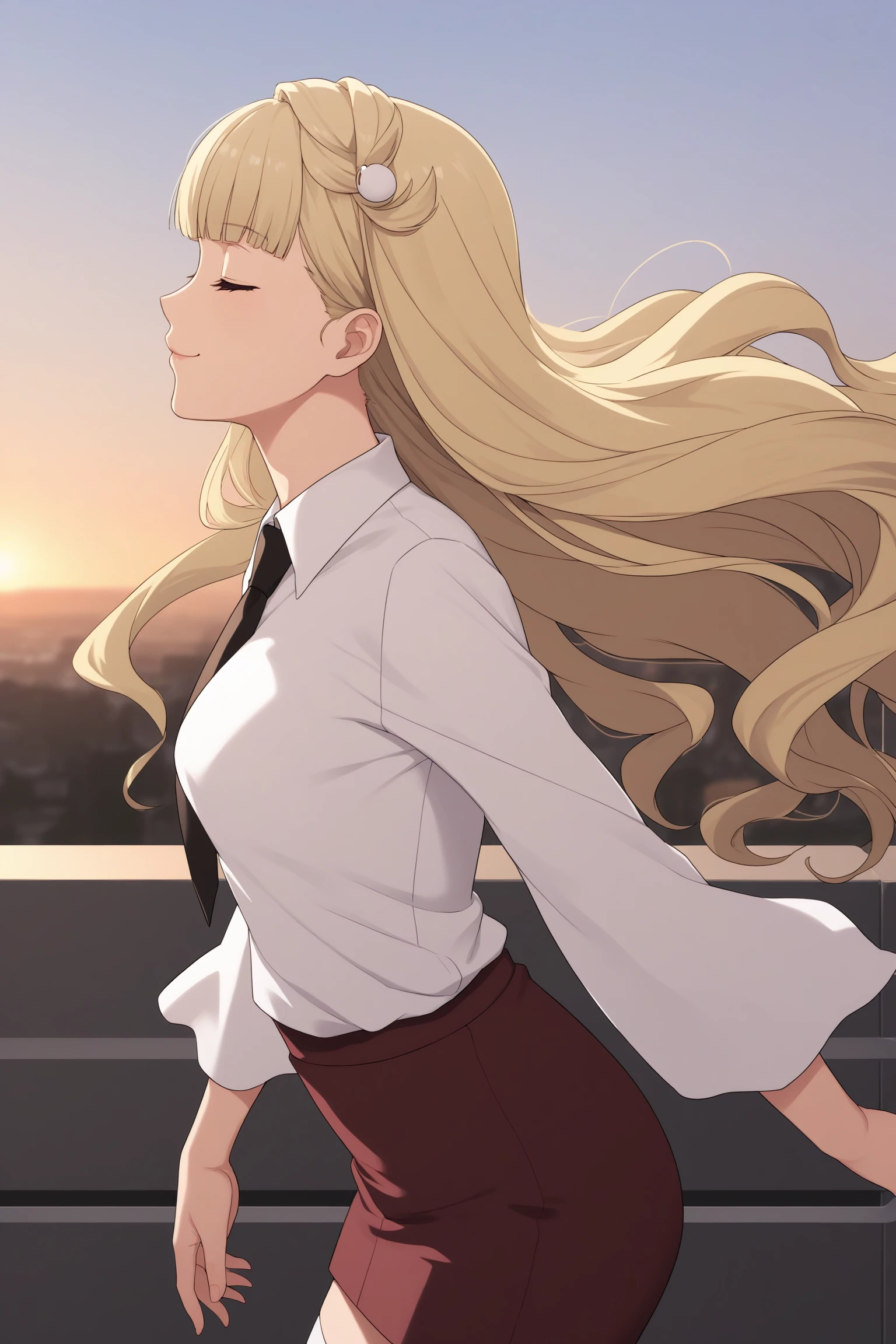 emilia edelman, blonde hair, very long hair, wavy hair, low twintails, sidelocks, blunt bangs, topknot, long sleeves, hair ornaments, closed eyes, (white shirt:1.5), collared shirt, black necktie, purple skirt, pencil skirt, white thighhighs, black footwear, knee boots, <lora:Emilia_Edelman:0.7>, score_9, score_8_up, score_7_up, score_6_up, score_5_up, source_anime, rating_safe, medium breasts, outdoors, rooftop, sunset, 1girl, solo, looking at viewer, <lora:age_slider_v4:1>, (cowboy shot:1.4), (anime coloring:2), smile, (wind:1.5), (floating hair:1.5), (from side:2)