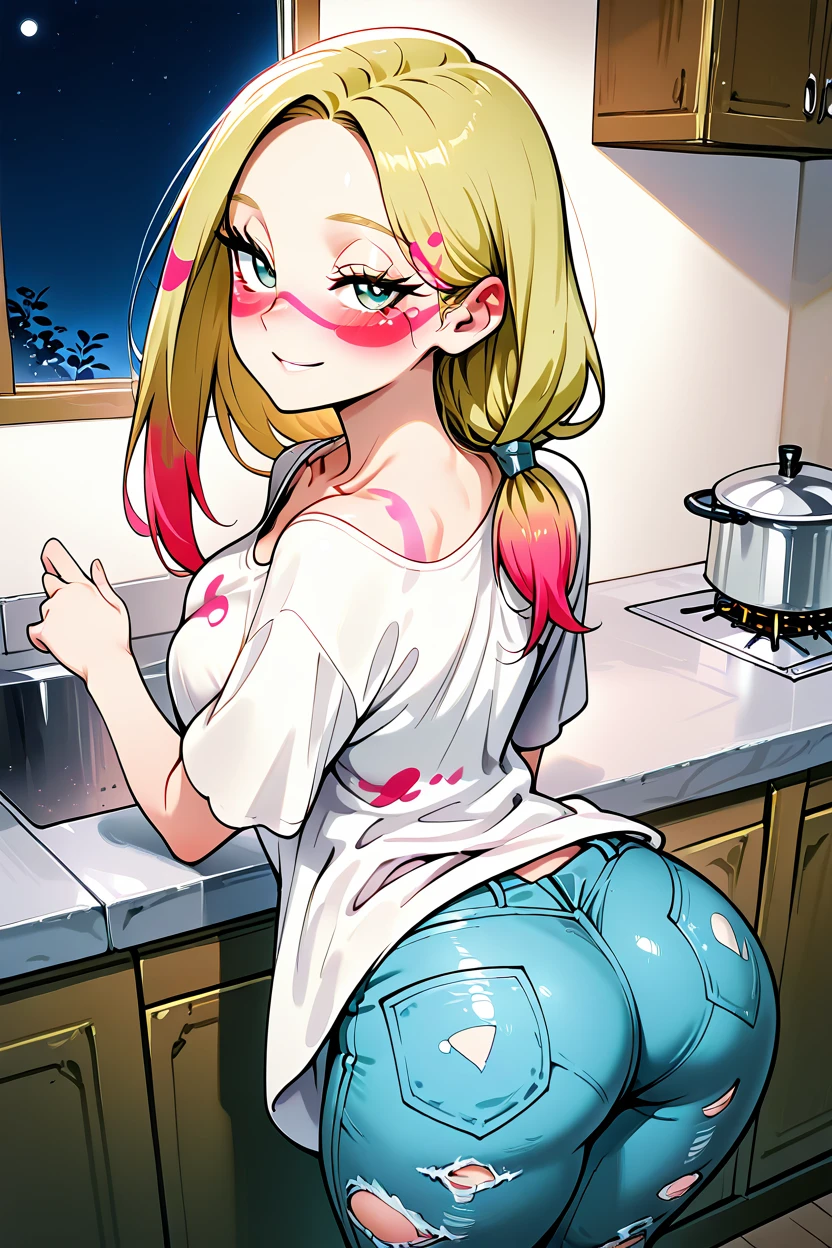 masterpiece, best quality, 32k, high resolution, absurdres, medium breasts, (curvy), cute, eyelashes, vivid colors, BREAK  ,,, zzMina, long hair, eyelashes, half-closed eyes, facepaint, collarbone, white shirt, oversized shirt, off shoulder, short sleeves, torn clothes, torn pants, jeans, <lora:MinaPokemonIXL_v2:1.0> ,,,,,,1girl, solo, blush, looking at viewer, smile, detailed eyes, from behind, ass, panties, night, 1girl, bent over, indoors, kitchen, <lora:CyberPerfectionIXL:1.0>,