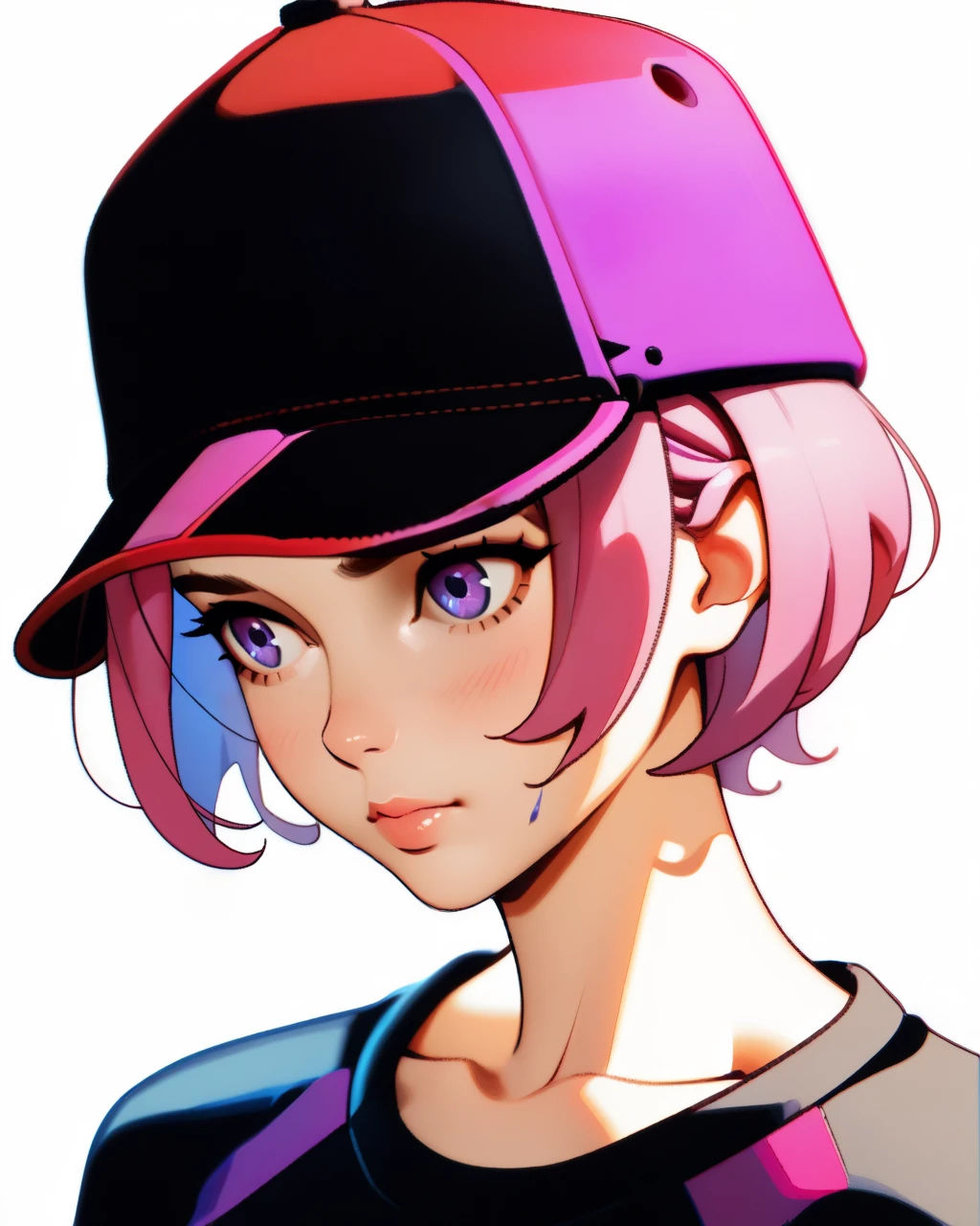 masterpiece, best quality, hat, solo, 1girl, baseball cap, portrait, collarbone, simple background, closed mouth, white background, short hair, <lora:NeoNiILIK:0.7> NeoNiILIK, vibrant, glossy style, bold, vivid colors, soft shading and highlights, expressive eyes, ilya kuvshinovâs style, soft lighting, pastel tones, anime-inspired art style, smooth shading, vibrant highlights, painterly textures, subtle gradients, delicate details, cinematic bokeh, glowing ambiance, crisp edges, bright and airy atmosphere, stylized realism, expressive color palette, warm and inviting mood