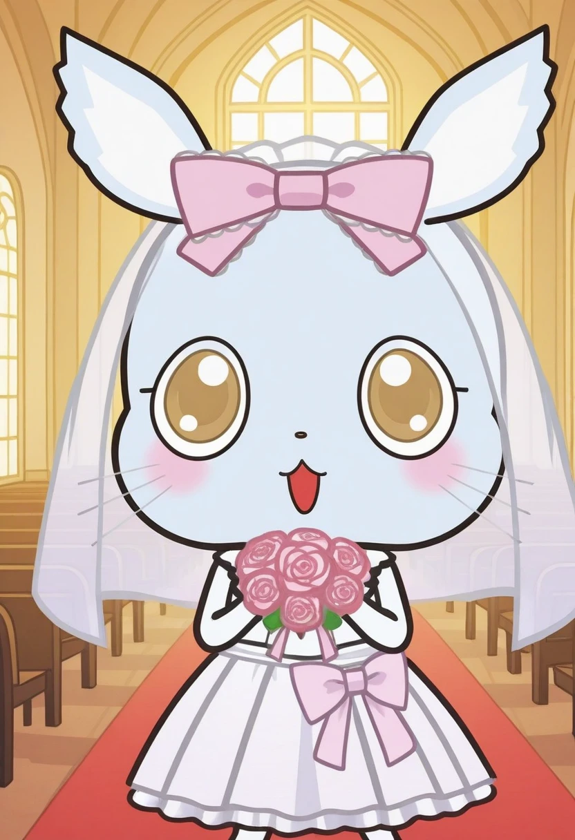 Man4ka, anthro, female, Aggretsuko, solo, blush, open mouth, skirt, bow, holding, no humans, :3, whiskers, wedding dress, wedding veil, church