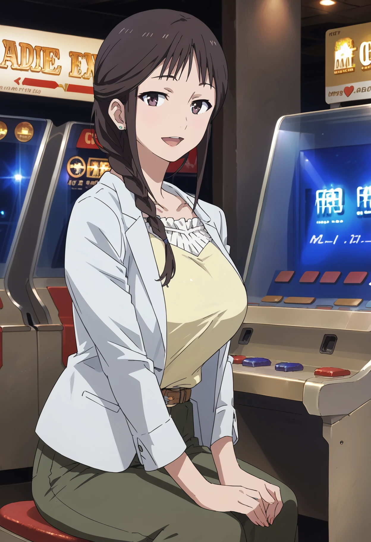 segawamisato, 1girl,  belt, black eyes, blouse, brown hair, collarbone, cowboy shot, green pants, hair over shoulder, long hair, open mouth, single braid, smile, solo, white blazer, , wide pants,,large breasts,sitting, arcade cabinet, dark,from side, playi...