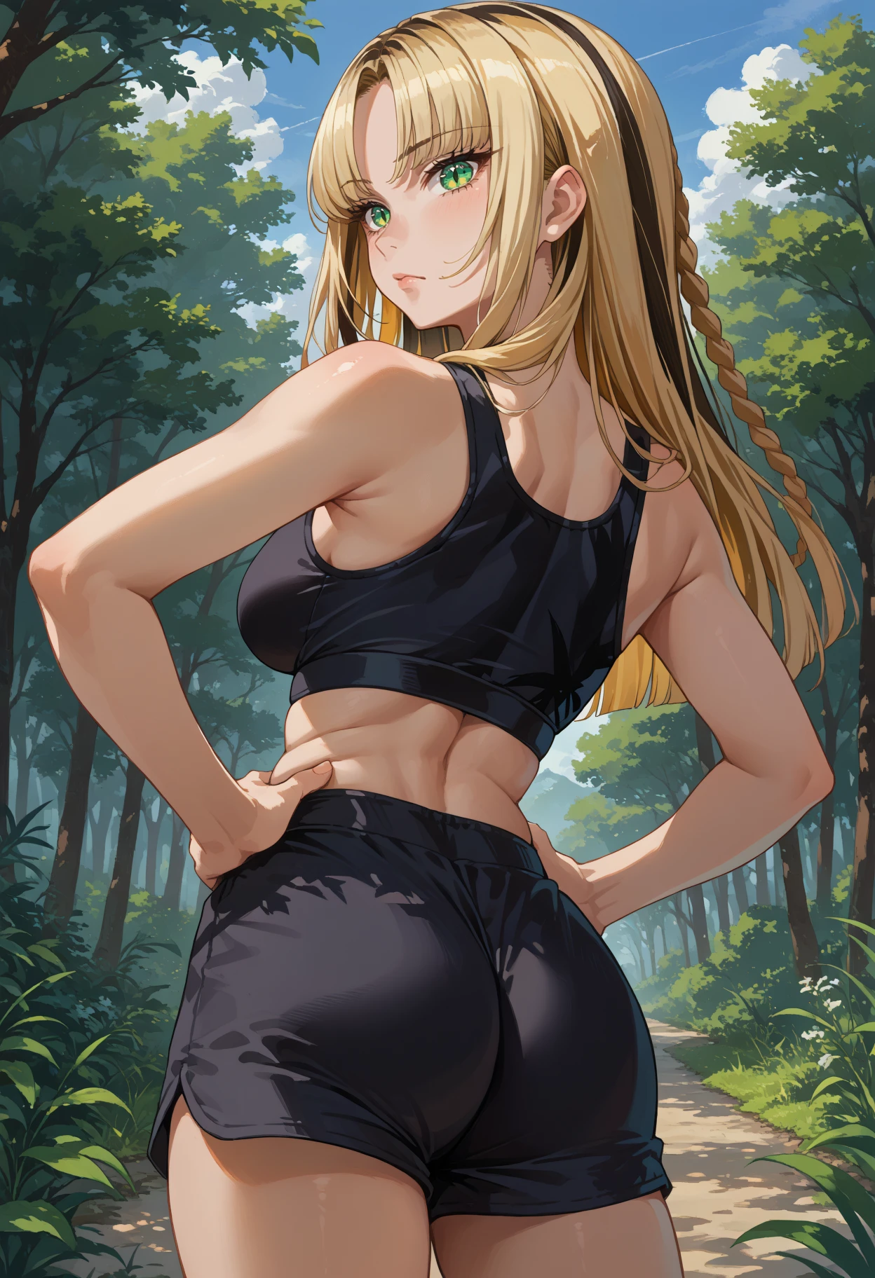 score_9, score_8_up, source_anime, 1girl, solo, KoganeiNiko, green eyes, slit pupils, multicolored hair, blonde hair, black hair, long hair, side braid, parted bangs, outdoors, hands on hips, from behind, black sports bra, black shorts, curvy, ass, <lora:ChamKoganeiNikoPonyXL:1>