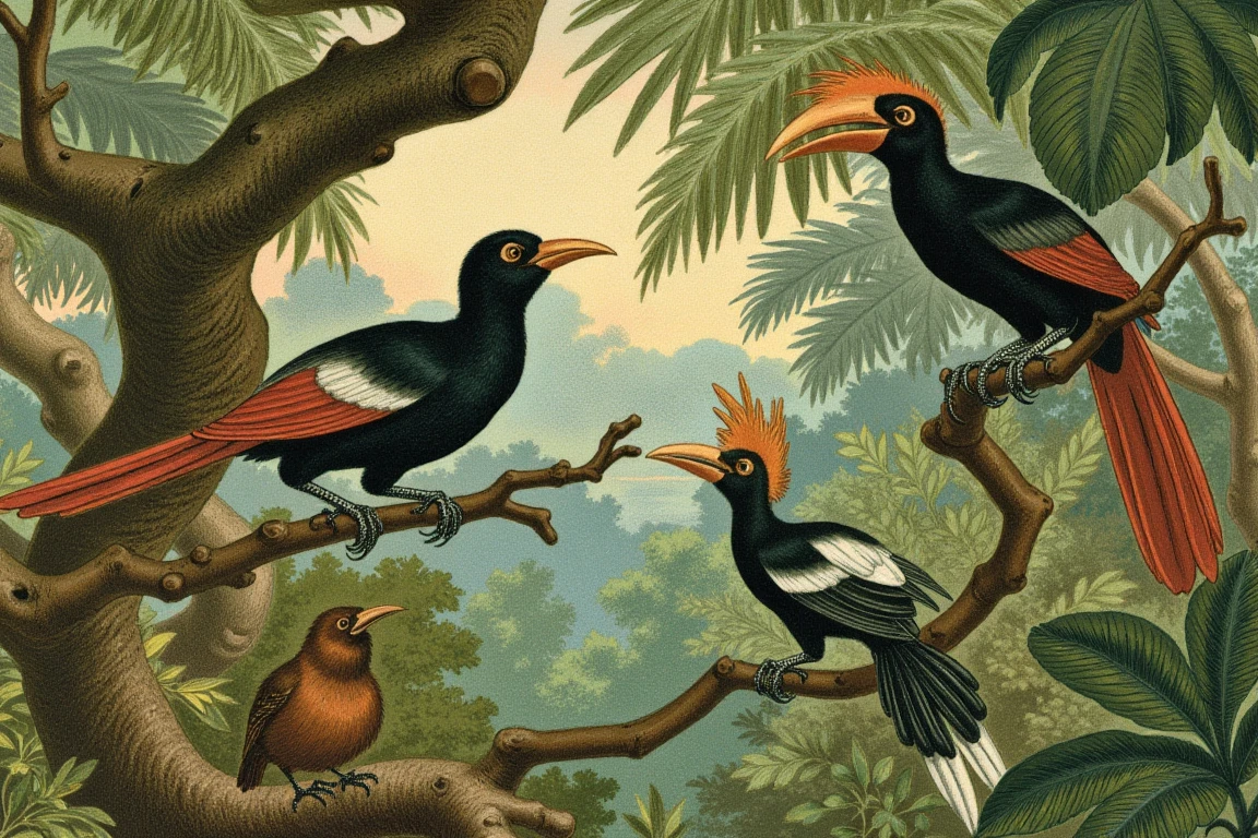 An illustration in John George Wood style, coloured crayons,  A lively scene of tropical birds in a verdant forest, with one bird perched on an ornate branch and others engaged in various activities such as foraging.