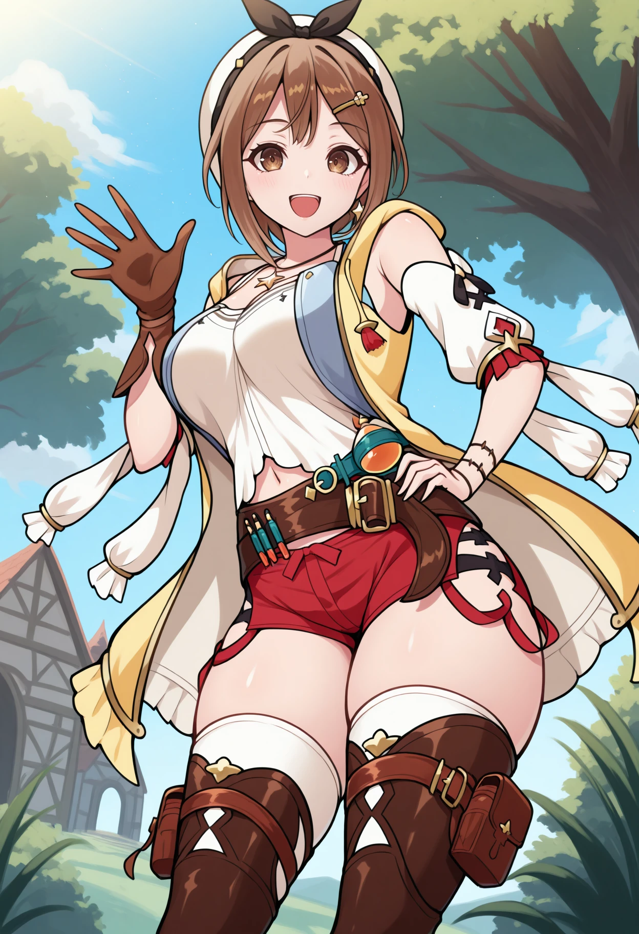 masterpiece, best quality, 1girl, solo, RyzaFirst, short hair, white beret, black bow hairband, hairclip, star necklace, yellow jacket, sleeveless jacket, white shirt, detached sleeves, navel, brown glove, single glove, brown belt, red shorts, thigh pouch, white thighhighs, brown thigh boots, outdoors, waving at viewer, smile, hand on hip, contrapposto, wide shot, dutch angle, fantasy, medival village, <lora:ChamReisalinStoutIllustriousXL:1>