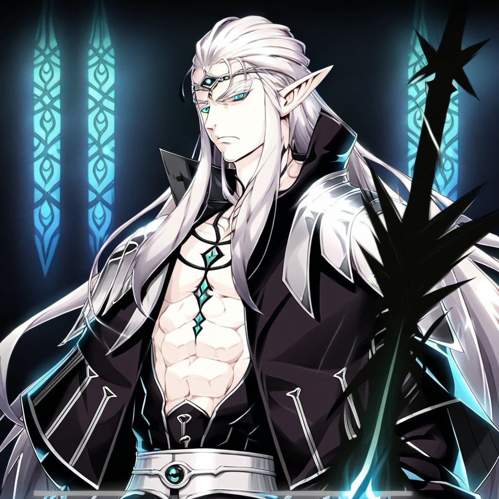 1boy, solo, male focus, brieg, pale white skin, long hair, white hair, pointy ears, elf, black clothing with silver accents, open shirt, abs, pectorals, high collar, circlet, partial portrait