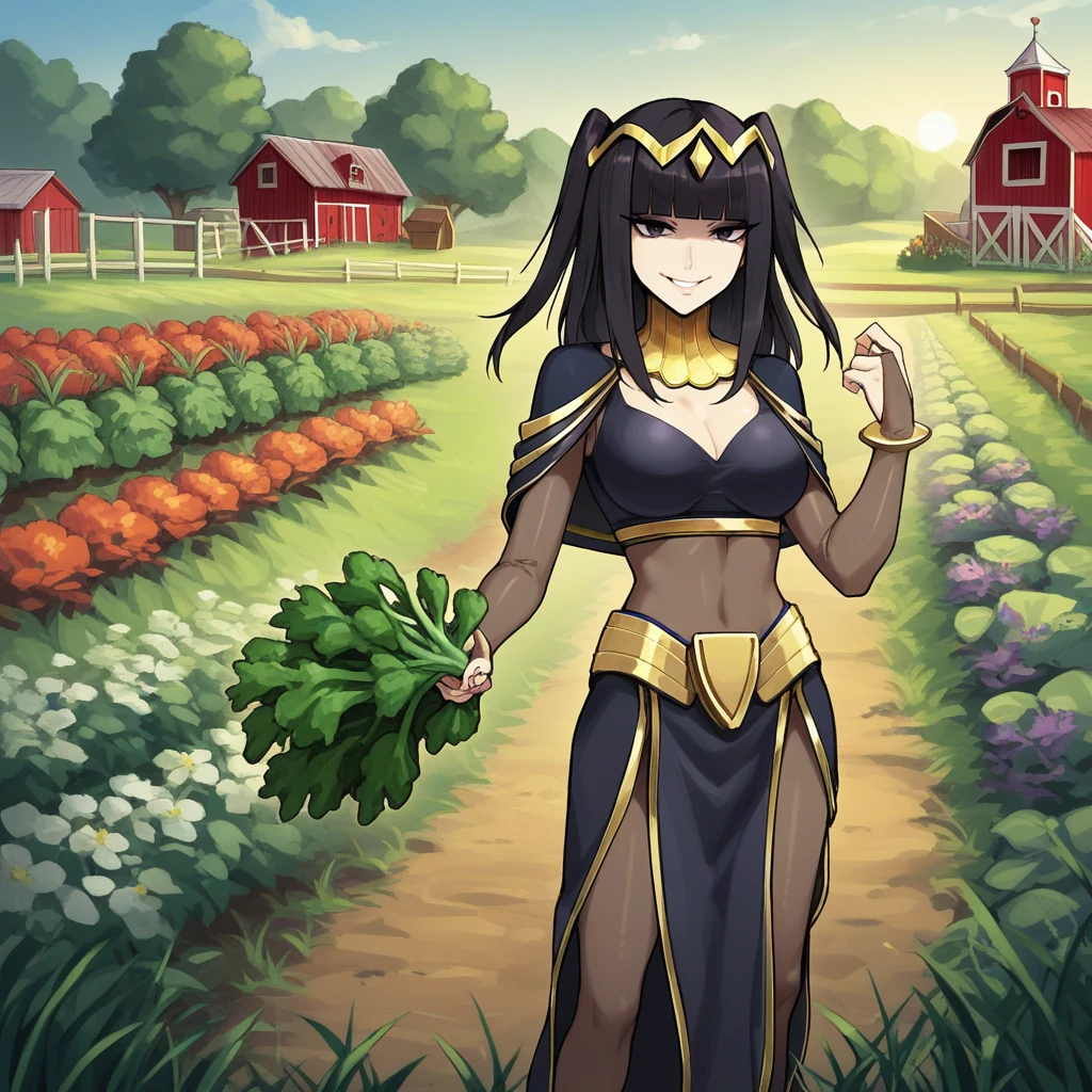 zPDXL2,score_9, score_8_up, score_7_up, score_6_up, score_5_up, score_4_up, source_anime, 1girl,tharja_(fire_emblem)    ,cowboy shot, looking at viewer, smile, <lora:Farm_Crop_Field:0.7> f4rm, outdoors, farm field, grass, vegetable garden, flowers, trees