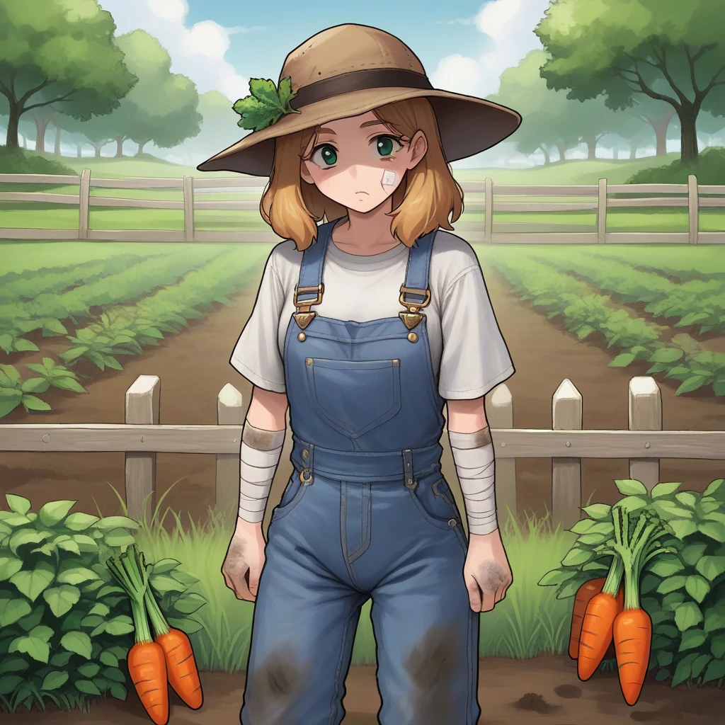 zPDXL2,score_9, score_8_up, score_7_up, score_6_up, score_5_up, score_4_up, source_anime,1girl, solo , cowboy shot, looking at viewer, overalls, dirt stains,  <lora:Farm_Crop_Field:0.8> f4rm, outdoors, grass, tree, fence, vegetables,  melons, watermelons, cabbages, flowers