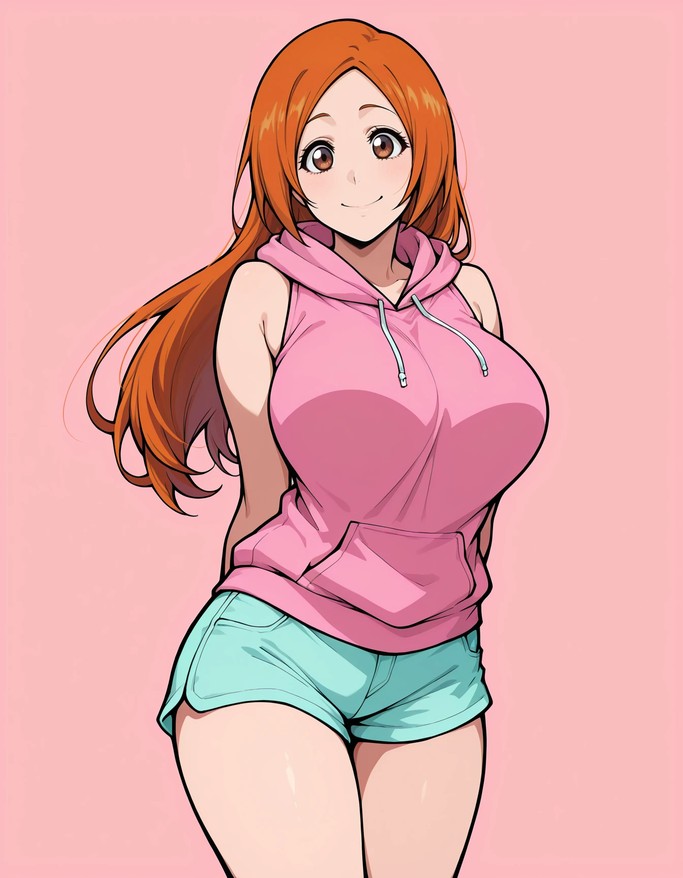 <lora:Orihime Illustrious:1>0rihime, long hair, orange hair, large breasts, brown eyes, parted bangs,
sleeveless pink hoodie, shorts, hands behind back, smile, 
simple background, solo, 1girl,, masterpiece, best quality