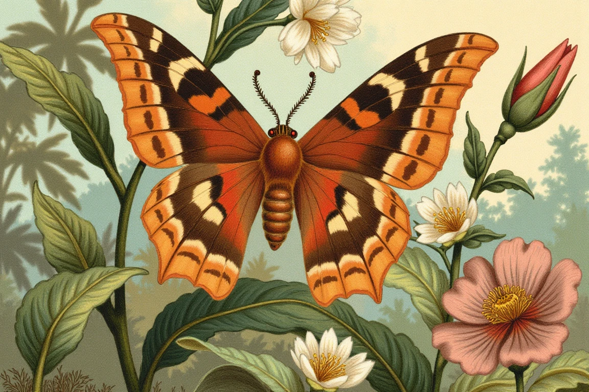 An illustration in John George Wood style, coloured crayons, a vivid Illustration of a Moth and Butterfly Amidst Floral Surroundings