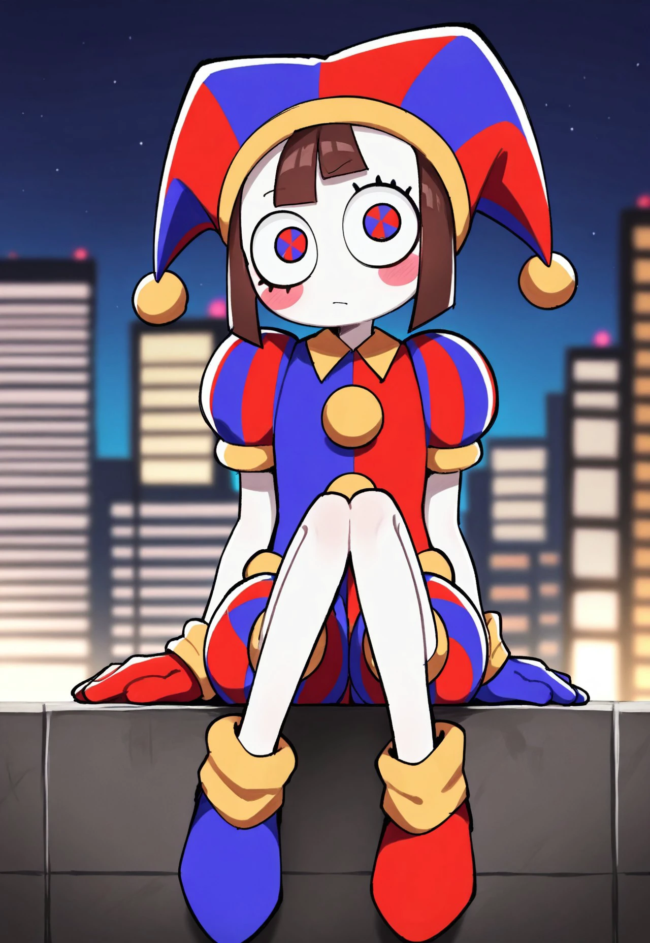 masterpiece, best quality, high resolution, absurdres, solo, 1girl, pomni_(the_amazing_digital_circus), two-tone_eyes, brown_hair, short_hair, white_skin, blush_sticker, jester, jester_cap, two-tone_bodysuit, multicolored_headwear, multicolored_clothes, asymmetrical_gloves, puffy_shorts, puffy_short_sleeves, expressionless, sitting, mismatched_footwear, asymmetrical_footwear, city, outdoors, looking_at_viewer, full_body, head_tilt, facing_viewer, solo_focus, night,