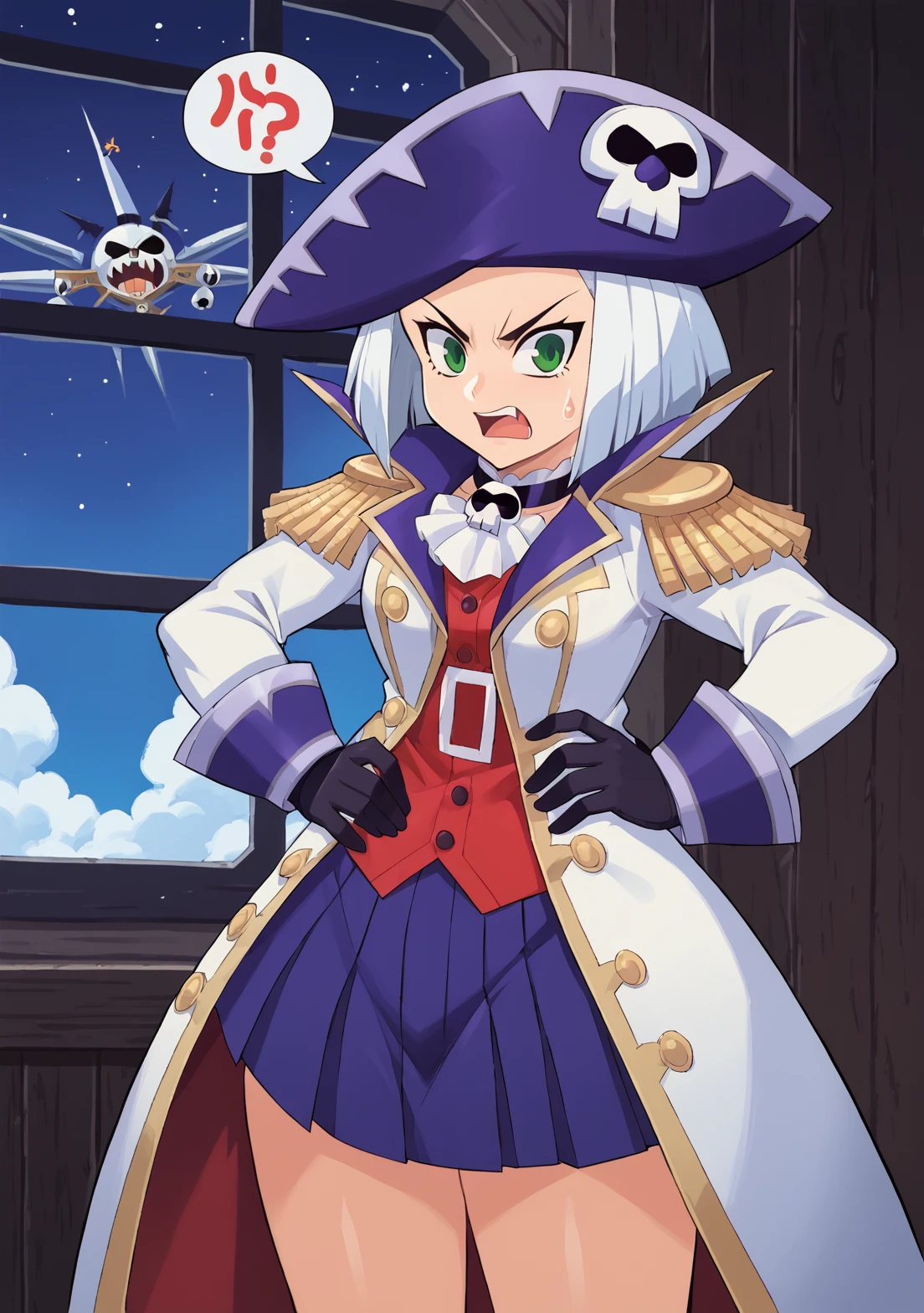 score_9, score_8_up, score_7_up, source_anime BREAK, 1girl, solo, captainrosepony, white hair, short hair,  purple hairband, green eyes, white coat, behind, epaulettes, hat, pirate hat, skulls and crossbones, from behind, looking back, pleated skirt, miniskirt, spoken question mark, black gloves, large hips, angry, standing, hands on hip, airship, gold exterior, rich, clouds, night, starry sky, inside, windows,   <lora:CaptainRoseZackWiki:1>