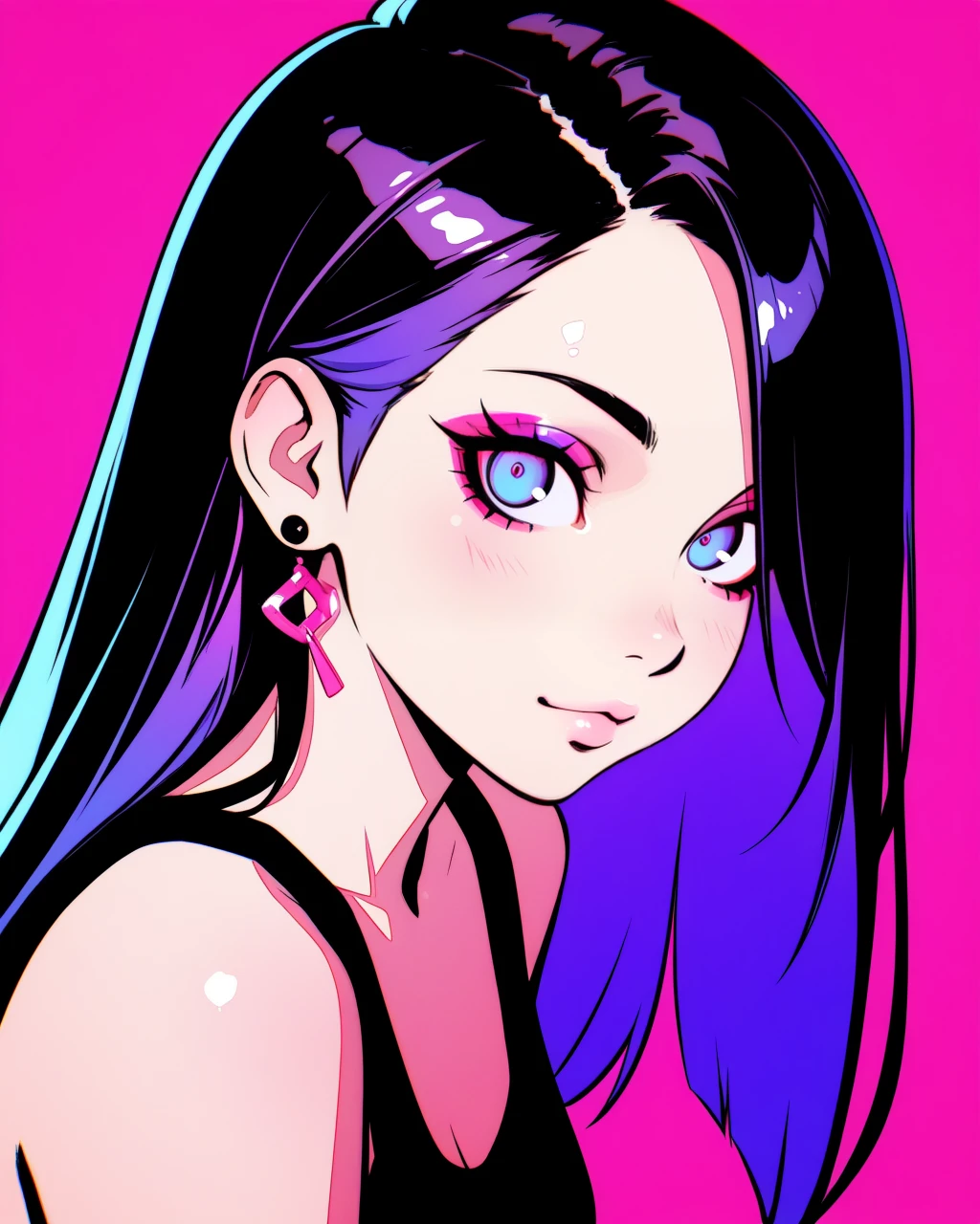 masterpiece, best quality, NeoNiILIK, vibrant, glossy style, bold, vivid colors, soft shading and highlights, expressive eyes, ilya kuvshinovâs style, 1girl, solo, blue eyes, jewelry, earrings, multicolored hair, hair over one eye, purple hair, long hair, two-tone hair, simple background, upper body, looking at viewer, pink background, lips, makeup, eyeshadow, bare shoulders, tank top, black hair, soft lighting, pastel tones, anime-inspired art style, smooth shading, vibrant highlights, painterly textures, subtle gradients, delicate details, cinematic bokeh, glowing ambiance, crisp edges, bright and airy atmosphere, stylized realism, expressive color palette, warm and inviting mood, <lora:NeoNiILIK:0,7>