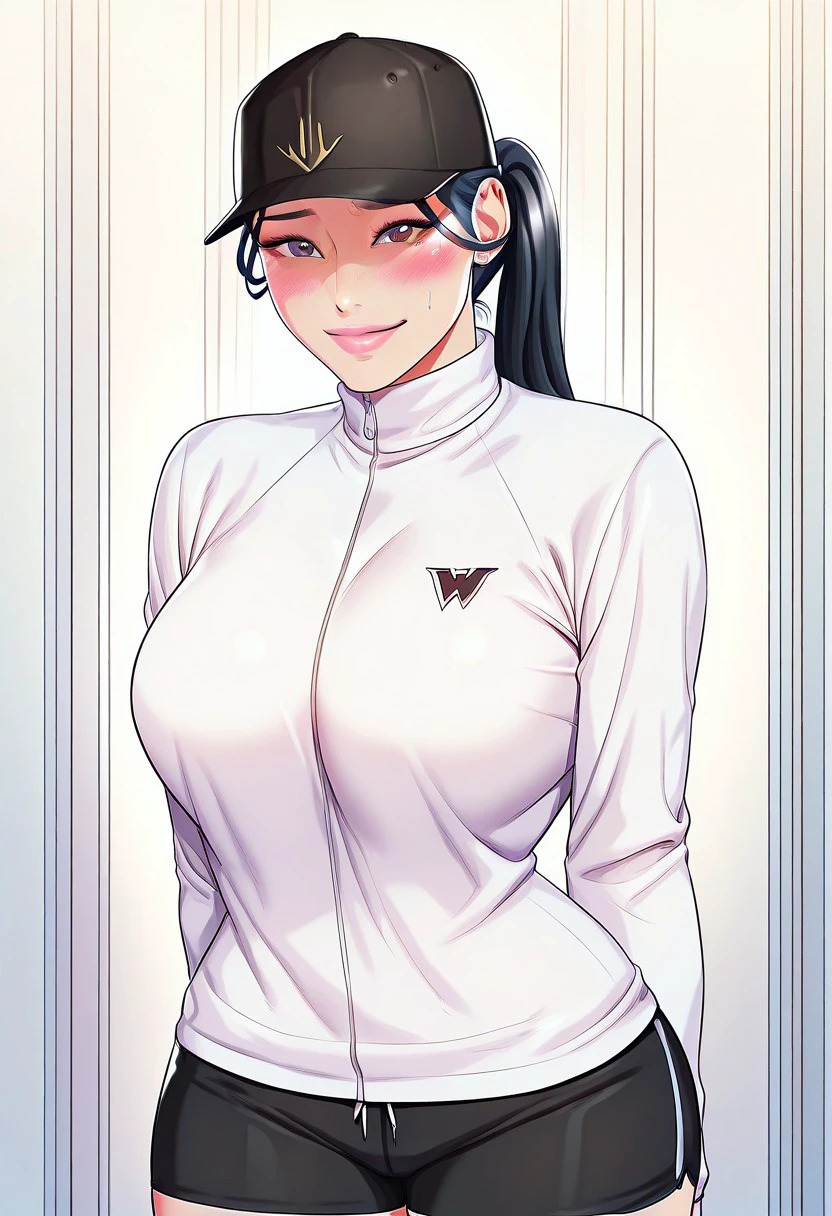 score_9, score_8_up, score_7_up, ASCII masterpiece, source_anime, BREAK, 1girl, solo, (( <lora:han_seol-hee:1> , han_seol-hee, thin waist, wide hips, beautiful skin, beautiful brown eyes, clear eyes, bright pupils, beautiful eyes, beautiful black hair, ponytail, beautiful long hair, huge and shaggy breasts, natural beauty, extraordinary beautiful woman, attractive woman, super sexy woman, lustful body, sexy woman with seductive obscene body, sensual body, voluptuous body, sexy beauty, no piercings, no piercing, makeup, )), ((black baseball cap, long sleeves white top, black sport shorts, )) , embarrassed, confused smile, sexy pose, blushing, closed mouth, hands behind back, looking at viewer, uncensored,