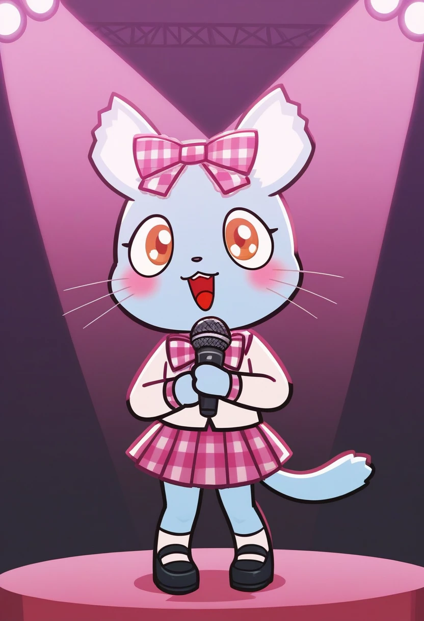 score_9, score_8_up, score_7_up, score_6_up, score_5_up, BREAK
Man4ka, anthro, female, Aggretsuko, solo, blush, open mouth, skirt, bow, holding, no humans, :3, cat, microphone, holding microphone, whiskers, stage, spotlight, stage lights