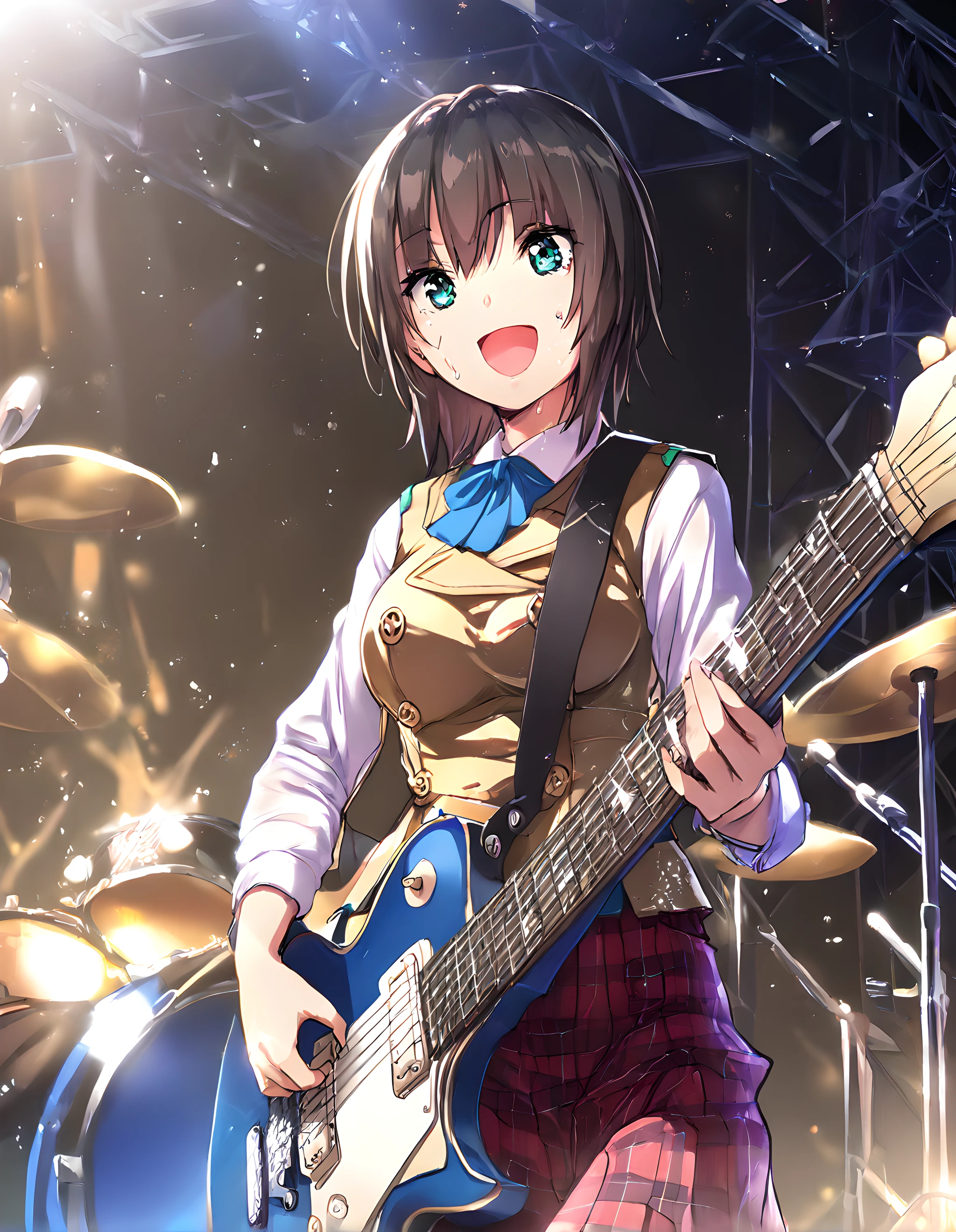 <lora:illustrious_XL_aoi:0.9>,aoi,masterpiece,best quality,good quality,1girl,solo,school uniform,holding instrument,guitar,gibson les paul,music,playing instrument,stage,concert,smile,:d,sweat,