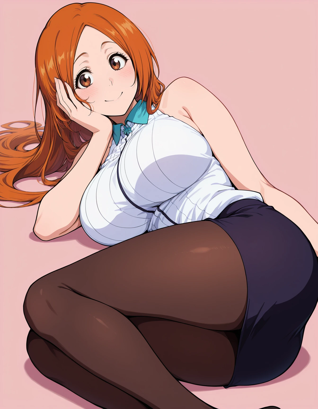 <lora:Orihime Illustrious:1>0rihime, long hair, orange hair, large breasts, brown eyes, parted bangs,
pantyhose, smile, blush, sleeveless shirt, miniskirt, on side, hand on face, lying, 
simple background, solo, 1girl,, masterpiece, best quality