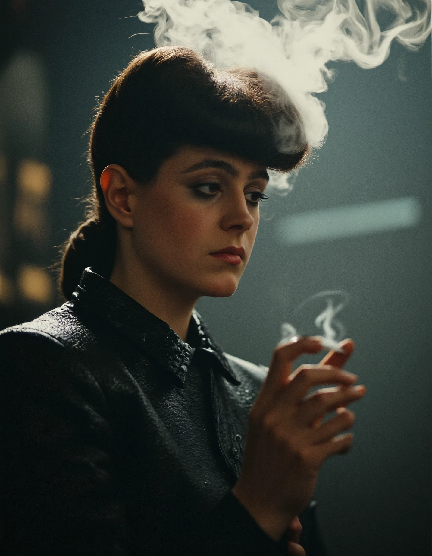 a cinematic still of rachael,she is holding a cigarette in her hand. There is smoke coming out of her head. Rachael is wearing a black leather jacket.
The photo is enhanced by depth of field,volumetric lighting,film grain,volumetric fog.
The lighting is dark and gloomy and the colors are muted.
Her skin texture is extremely detailed and sharp,her pores are sharp and visible.