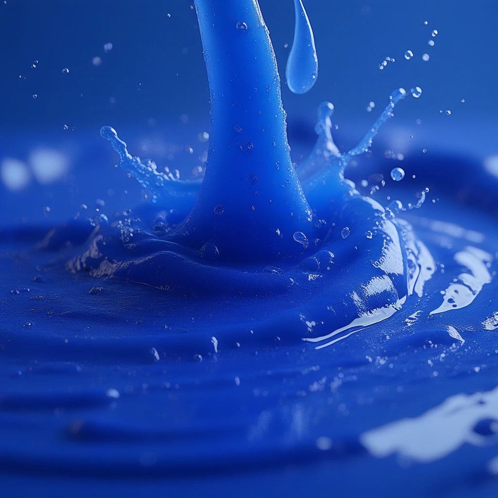 blueslimedx, Close-up of a blue liquid splash. the liquid appears to be made up of multiple droplets of different sizes and shapes, creating a wave-like effect. the droplets are arranged in a way that they form a tree-like shape, with the topmost droplet being the largest and the bottommost being the smallest. the background is dark blue, making the blue color of the liquid stand out even more. the overall mood of the image is dynamic and fluid, with a sense of movement and energy.