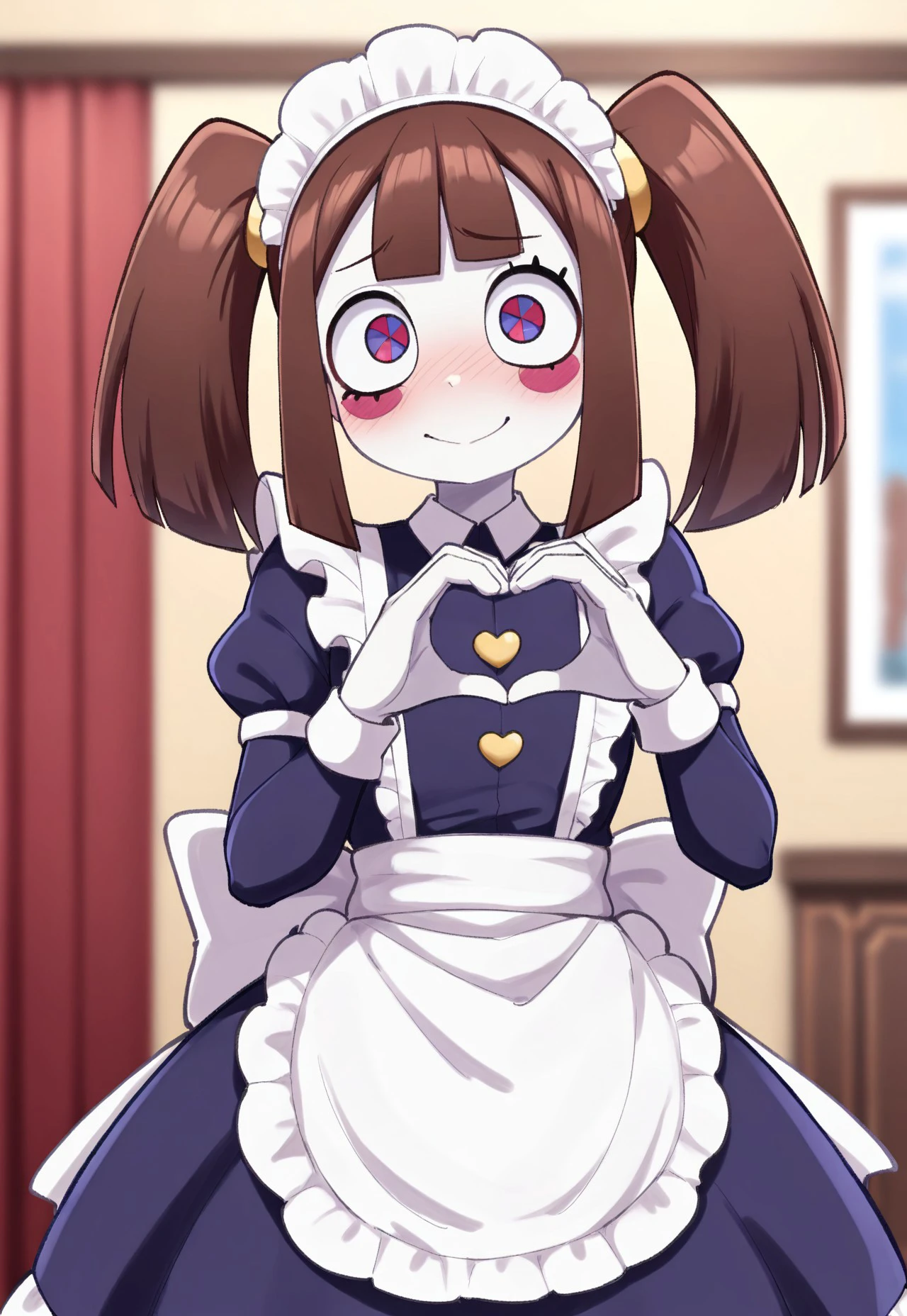 masterpiece, best quality, high resolution, absurdres, solo, 1girl, pomni_(the_amazing_digital_circus), two-tone_eyes, brown_hair, short_hair, white_skin, blush_sticker, twintails, maid, maid_headdress, heart_hands, looking_at_viewer, smile, indoors,